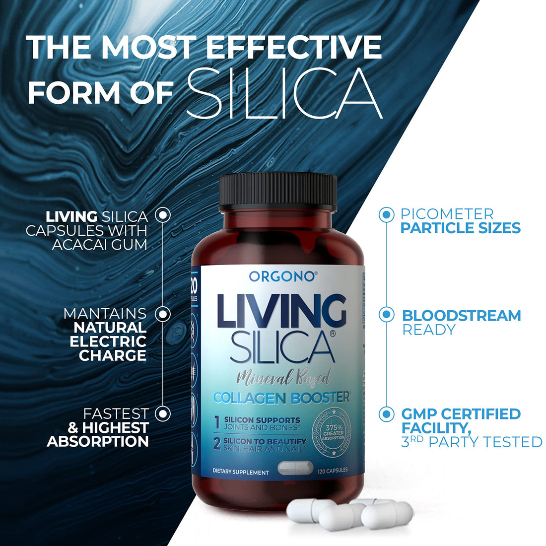 Living Silica Collagen Booster Capsules | Ultra High Absorption | Supports Healthy Collagen and Elastin Production for Joint & Bone Support, Glowing Skin, Strong Hair & Nails (120 Count)