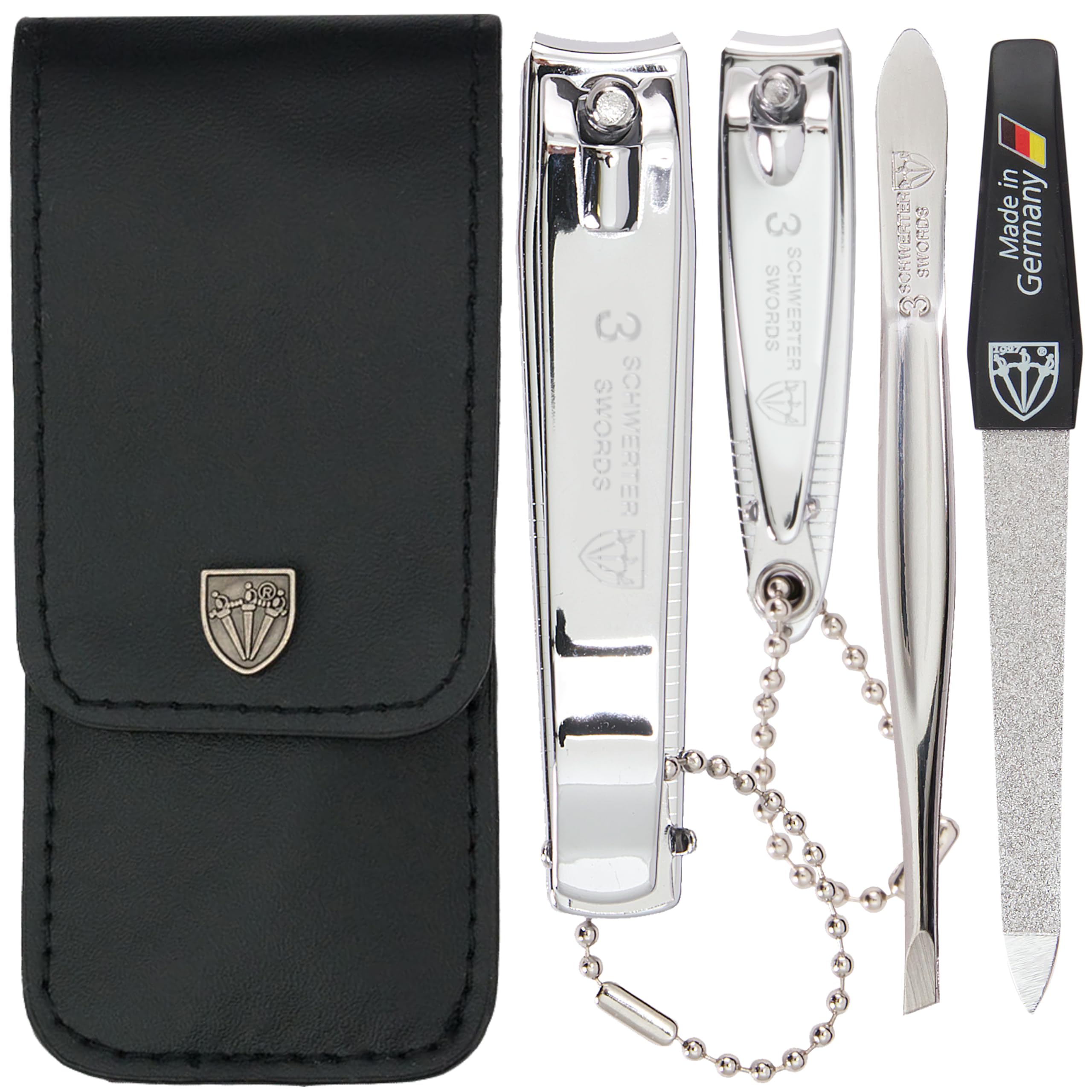 3 Swords Germany - Brand Quality 4 Piece Manicure Pedicure Grooming kit Set for Professional Finger & Toe Nail Care Tweezers File Clipper Fashion Leather case in Gift Box, Made by 3 Swords (77211)