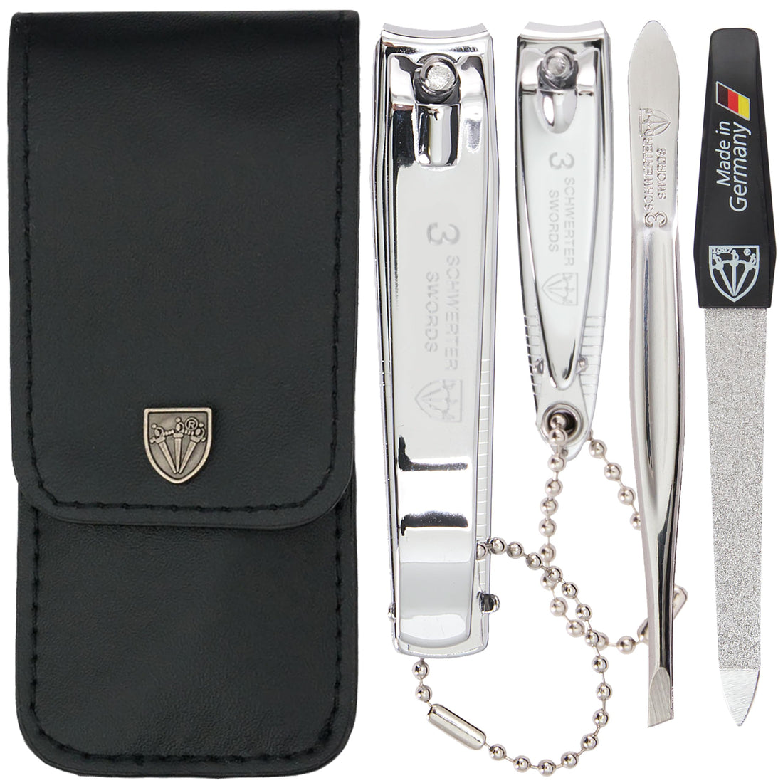 3 Swords Germany - Brand Quality 4 Piece Manicure Pedicure Grooming kit Set for Professional Finger & Toe Nail Care Tweezers File Clipper Fashion Leather case in Gift Box, Made by 3 Swords (77211)