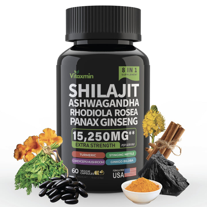 Shilajit and Ashwagandha Capsules, 8-in-1 Herbal Multivitamin for Men and Women, with Rhodiola Rosea, Ginseng, and Stinging Nettle, Shilajit for Men