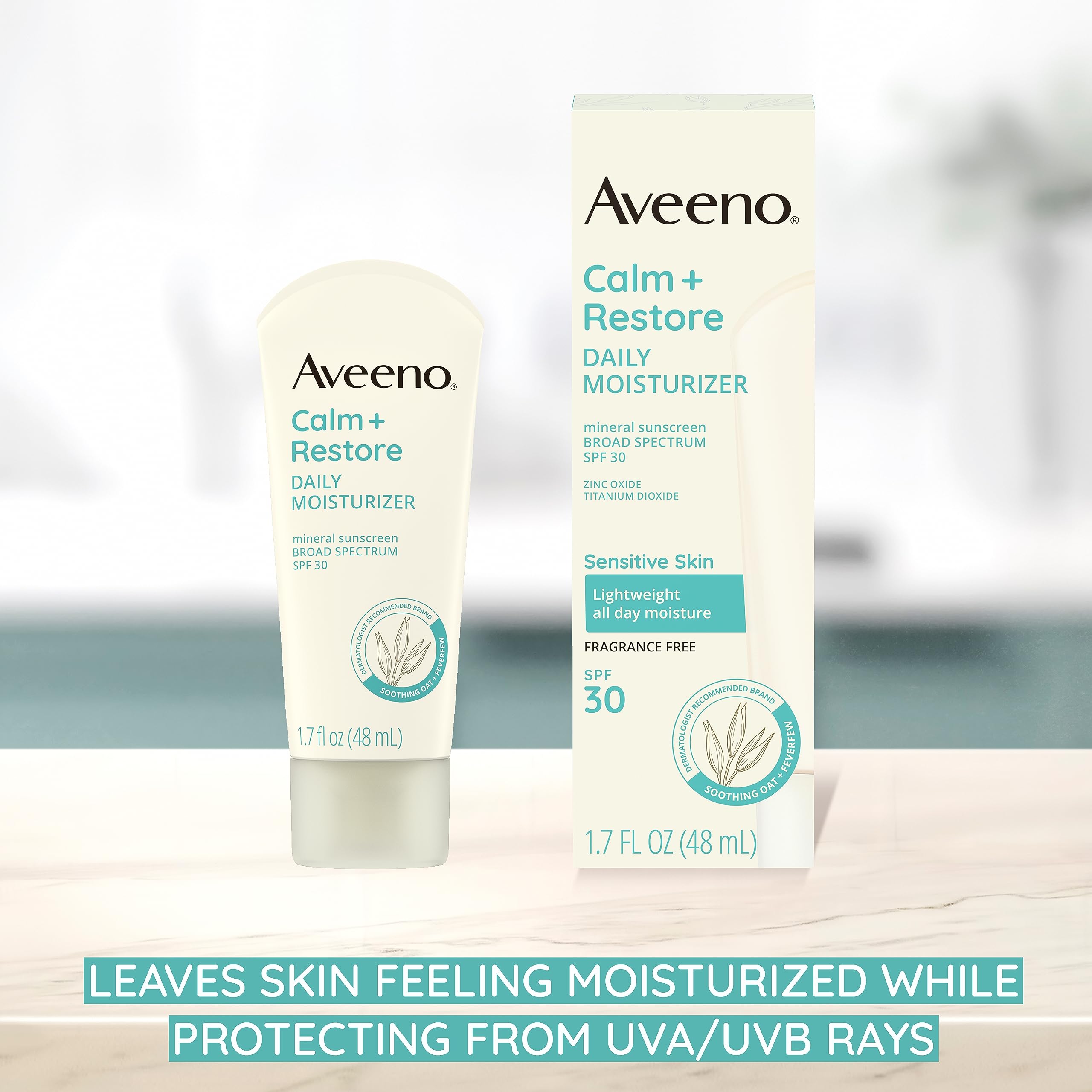 Aveeno Calm + Restore Daily Moisturizer Mineral Sunscreen with Broad Spectrum SPF 30, Lightweight All Day Moisture + UVA/UVB Sun Protection for Sensitive Skin, Fragrance Free, 1.7 fl. Oz