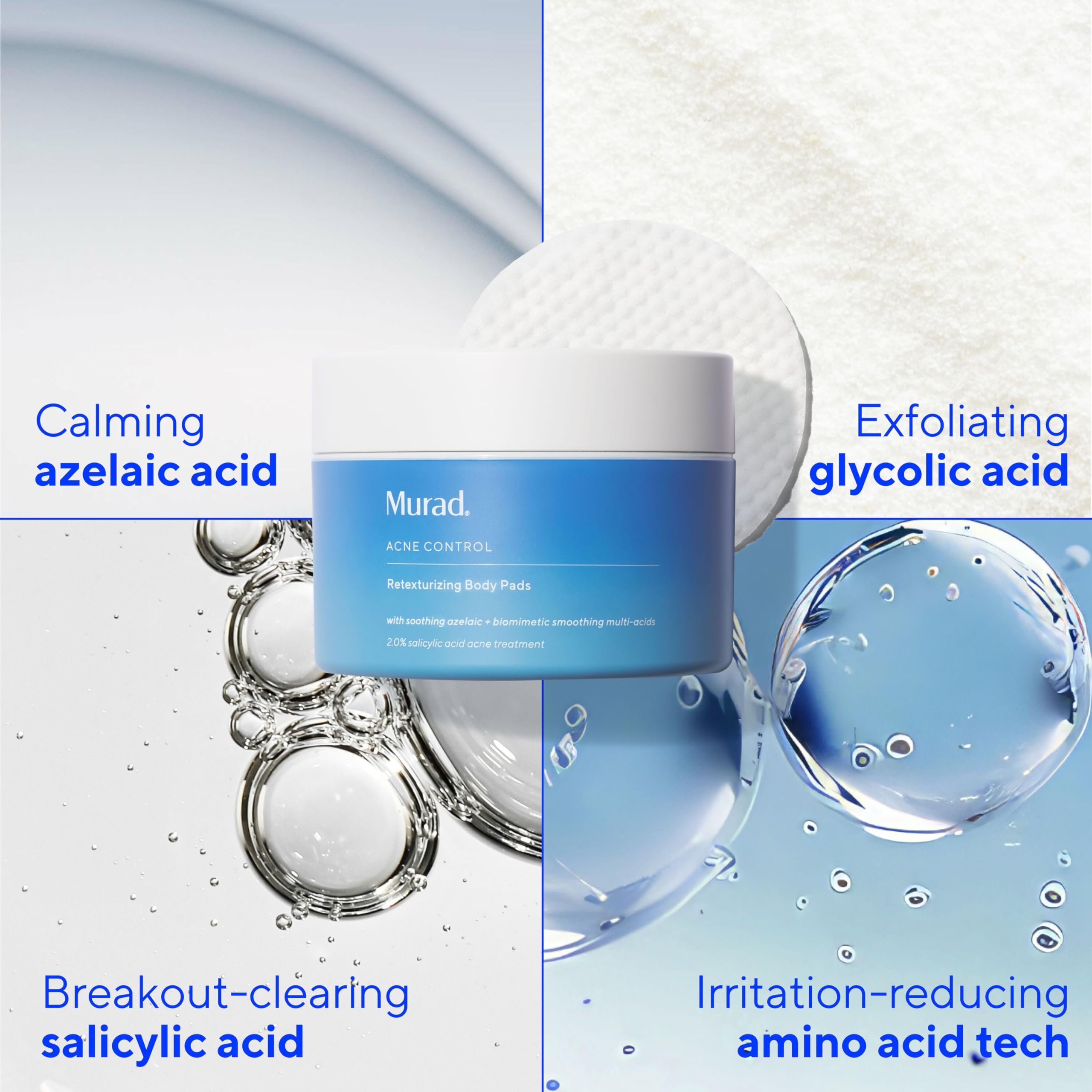 Murad Acne Retexturizing Face & Body Pads - Smooth + Soothe - with Azelaic + Bacteria-Targeting Multi-Acids to Soothe Irritation, Redness, and Providing Oil-Free Hydration, 45Pc