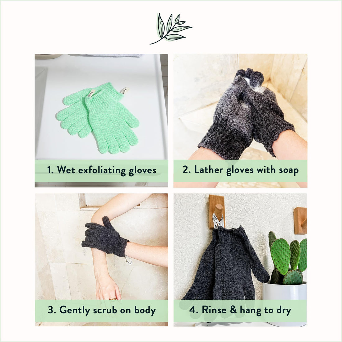 Bare Botanics 4 Pack Exfoliating Gloves for Shower (White) - 100% Nylon Fibers - Exfoliating Bath Gloves - Shower Scrubber & Dead Skin Remover - Perfect for Wet & Dry Exfoliation