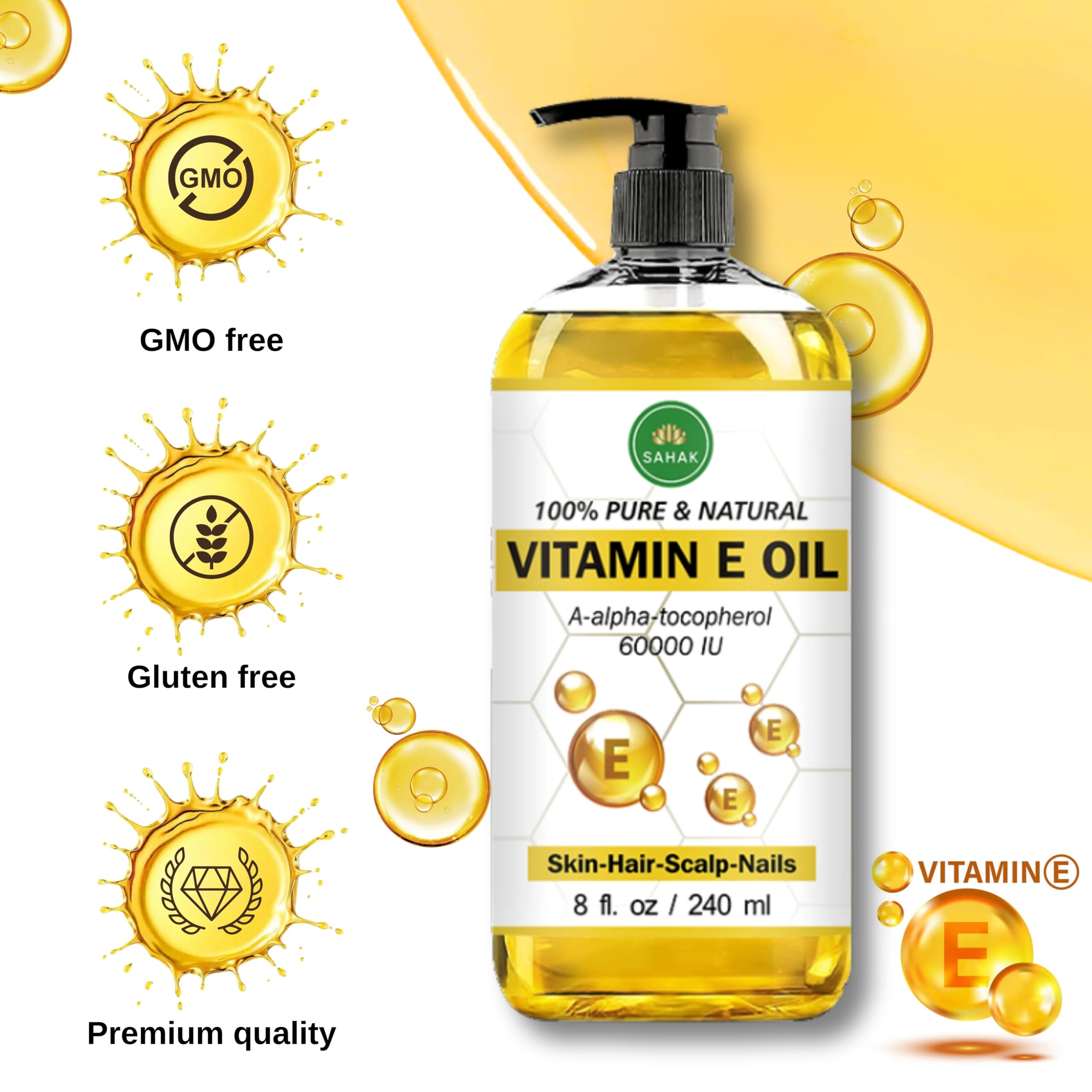 Vitamin E Oil | Premium Quality Pure & Natural Vitamin e Oil I Organic & Hexane Free Blend 60,000 IU Tocopherol I Repair Dry, Skin & Scars I for Hair Face & Full Body - 8 Fl Oz