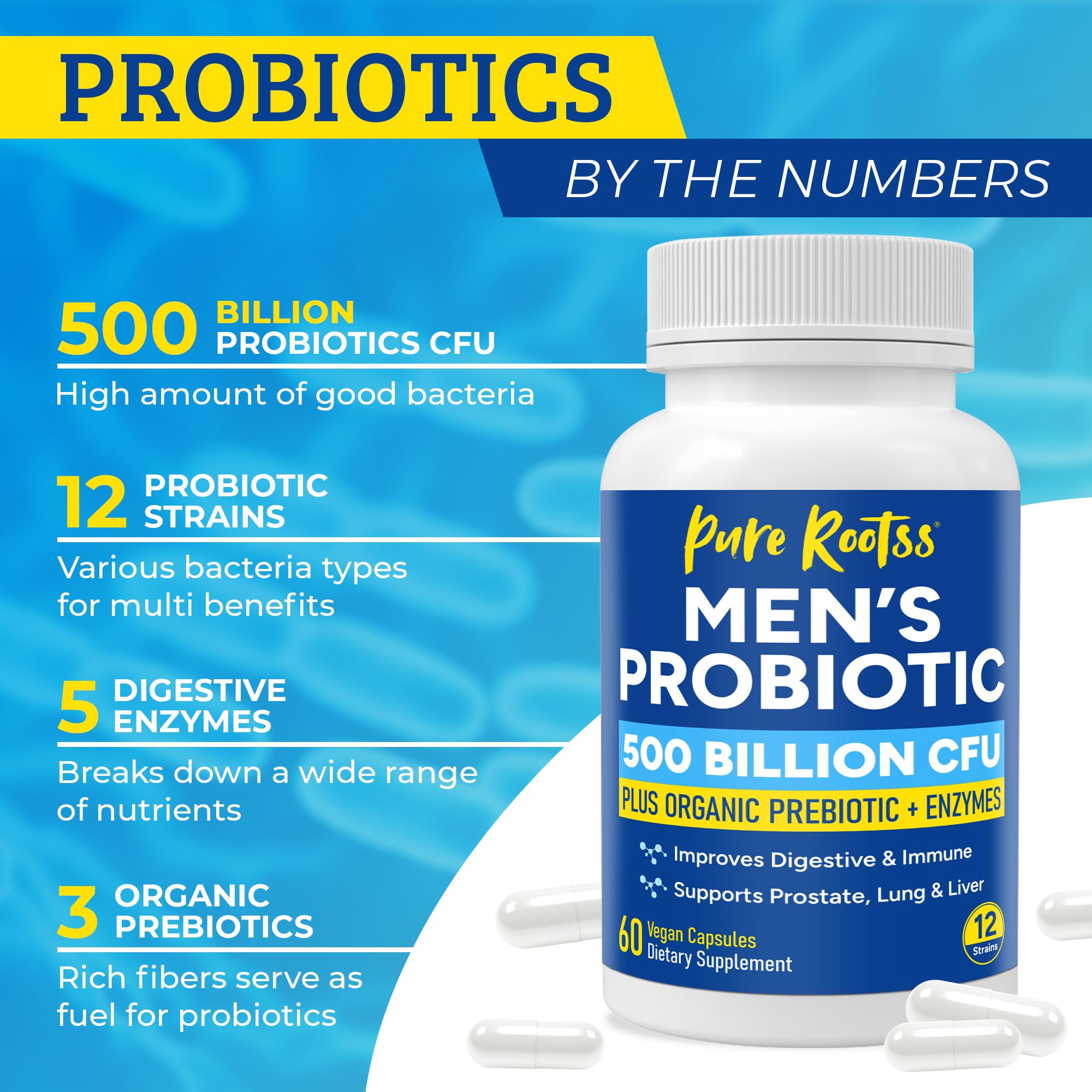Probiotics for Men, 500 Billion CFUs & 12 Strains, Prebiotic & Probiotic, Cranberry, Saw Palmetto, Digestive Enzymes, Gut & Bloating, Lung Liver Prostate Support, 30-Day Supply