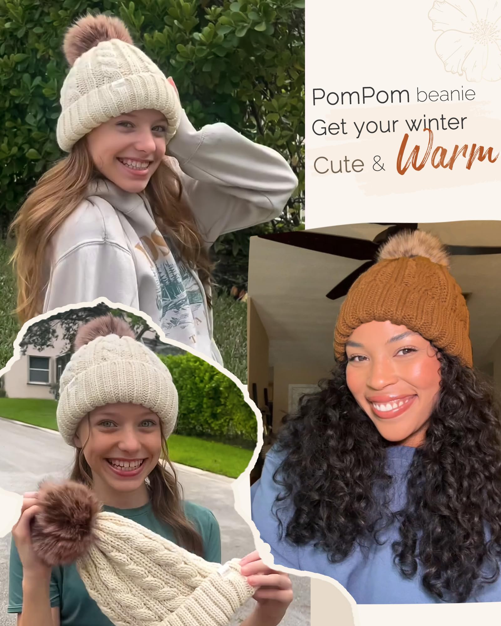 YANIBEST Winter Hats for Women Satin Lined Knitted Beanie Hat Warm Soft Ski Cuff Cap with Pom Pom Beige