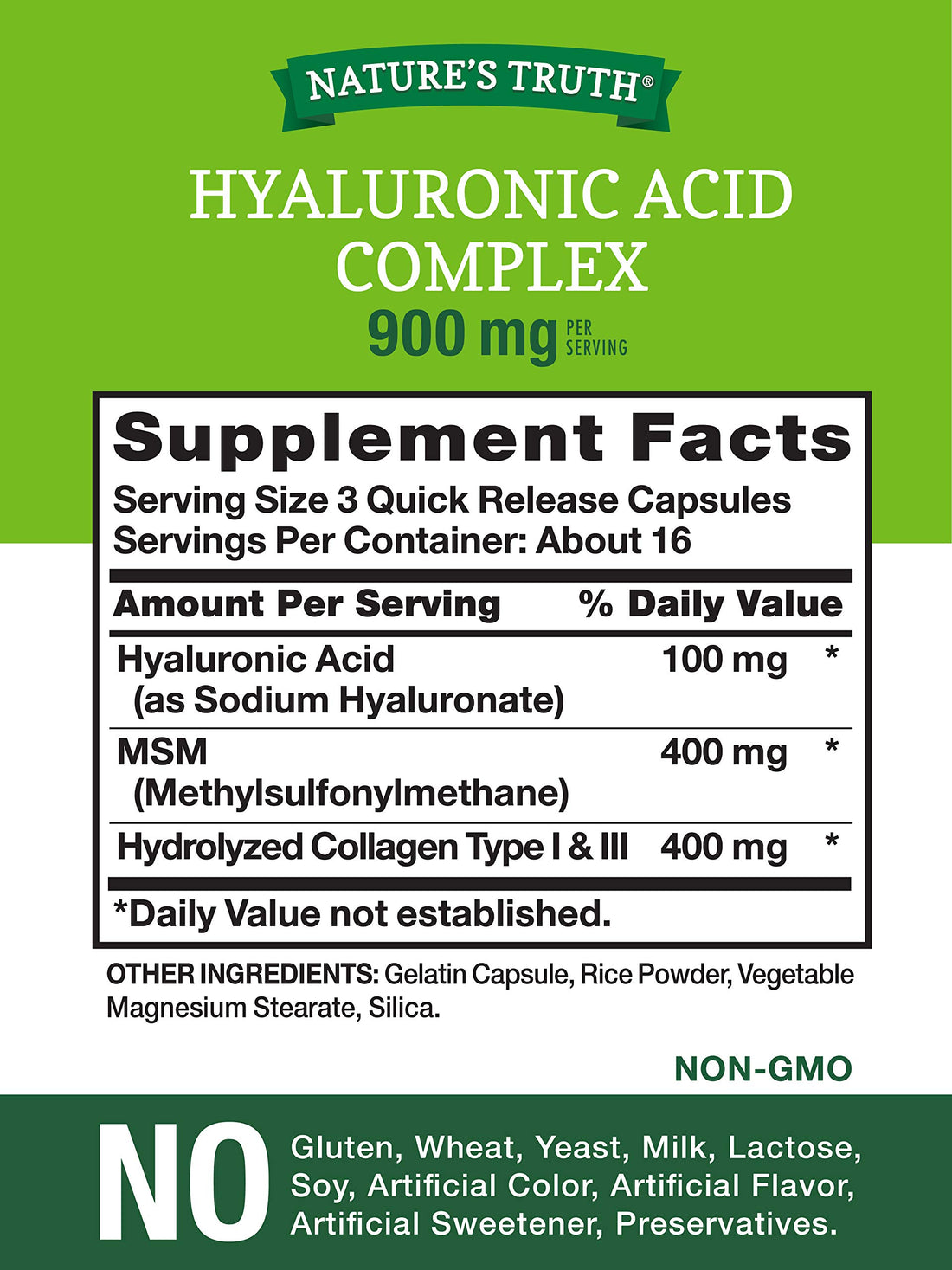 Nature's Truth Hyaluronic Acid with Collagen & MSM | 900mg | 50 Capsules | Non-GMO & Gluten Free Supplement