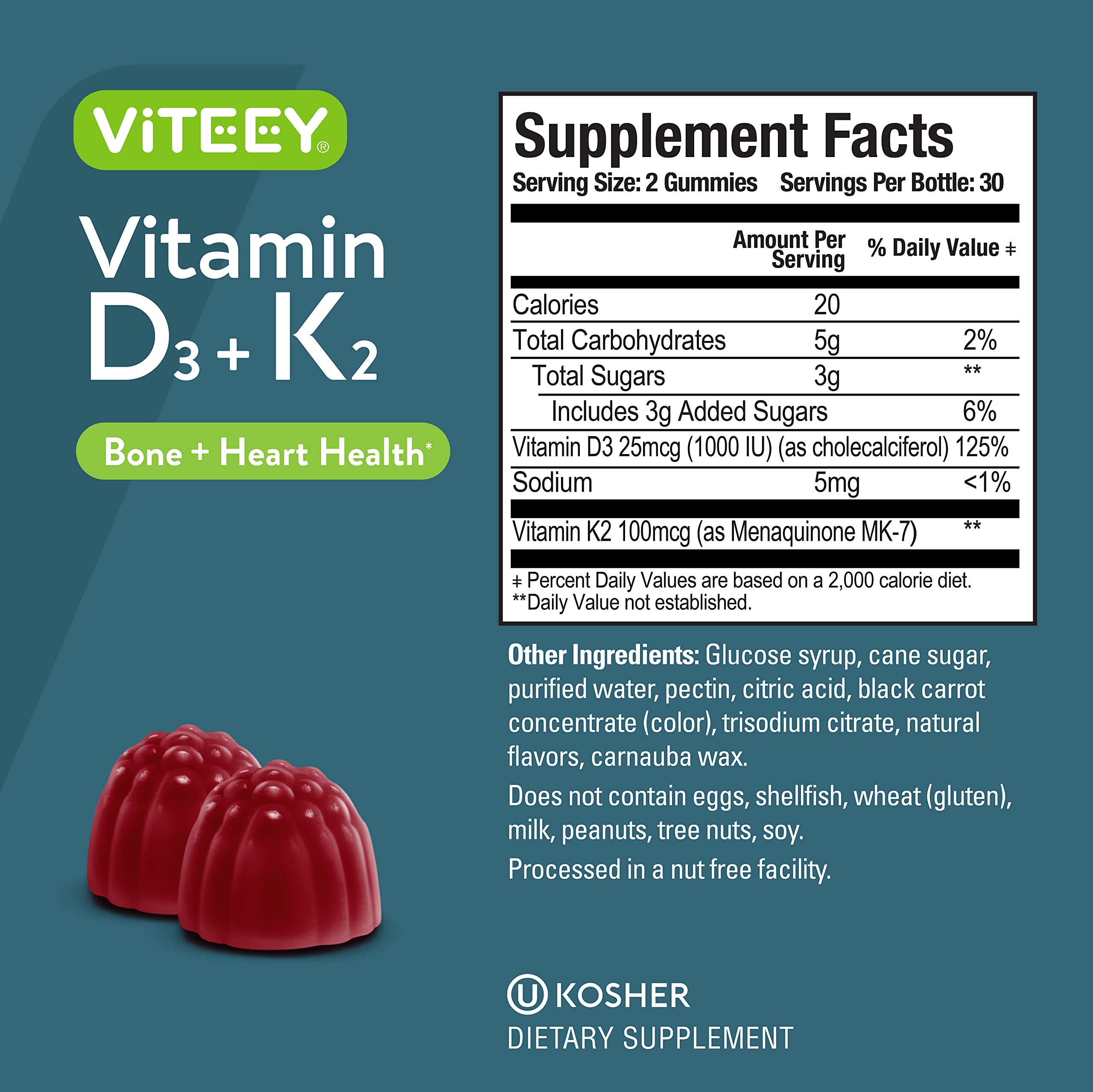 Vitamin D3 K2 Gummies - 1000 IU Vitamin D3 and K2 100mcg - Bone & Heart Health for Adults and Teens - Vegetarian, Gelatin Free, GMO Free - Tasty Chewable D3K2 Vitamins Strawberry Flavored Gummy