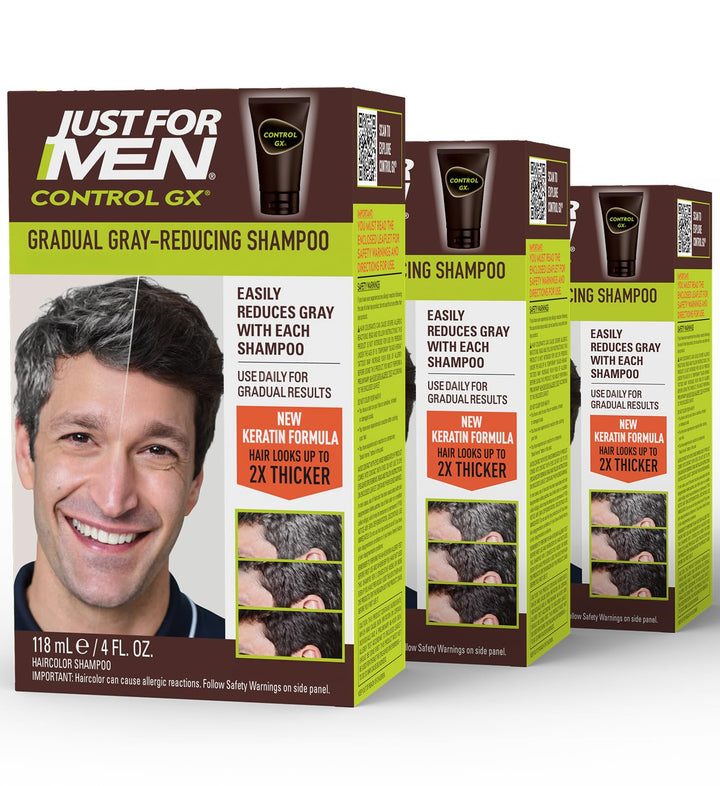 Just for Men Control GX Grey Reducing Shampoo, Gradual Hair Color with Keratin for Stronger Thicker and Healthier Looking Hair, 4 Fl Oz - Pack of 3 (Packaging May Vary)