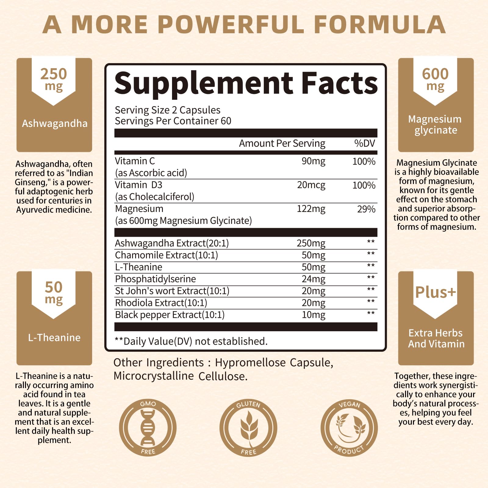 10-in-1 Cortisol Supplements with Magnesium, Ashwagandha, Chamomile, L-Theanine, Phosphatidylserine, St. John's Wort, Rhodiola, Vitamin C & D3, for Women Men, 240 Vegan Capsules for 4 Month, Non-GMO