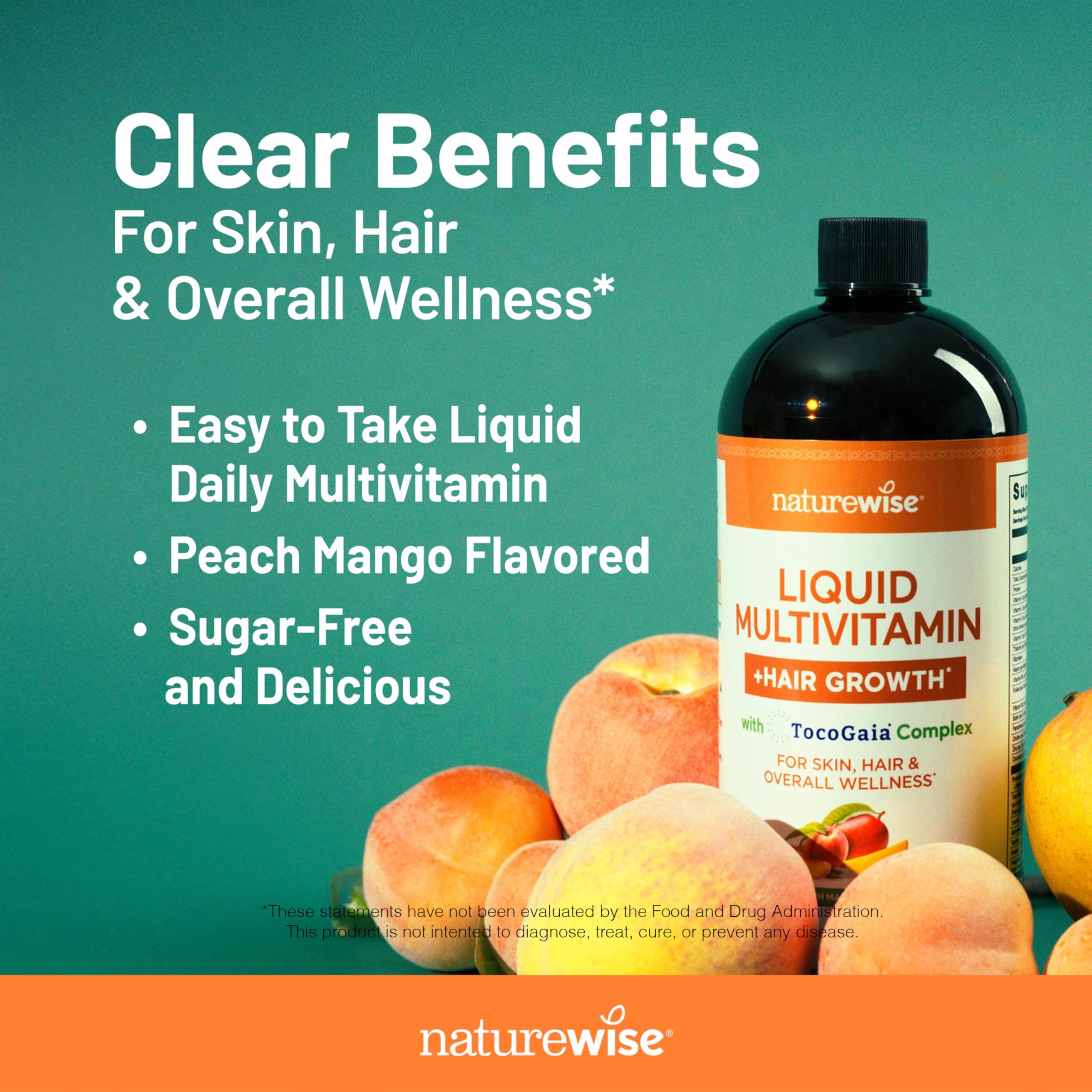 NatureWise Liquid Multivitamin for Hair Growth for Women and Men + Tocogaia® - Biotin - Vitamin D, E, B Complex - Supports Immune, Eye, Nail Health - Ages 18+ - 30 Fl Oz(887 mL)