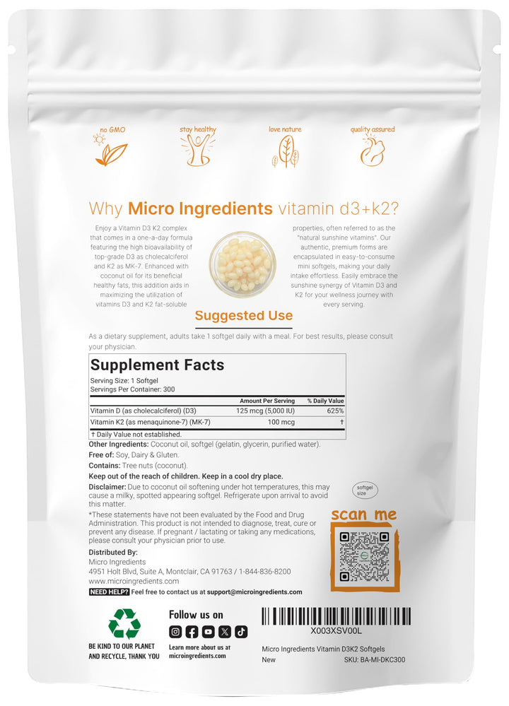 Micro Ingredients Vitamin D3 5000 IU Plus K2 (MK-7) 100 mcg, 300 Virgin Coconut Oil Softgels | 2 in 1 Vitamins D & K Complex | Supports Calcium Absorption, Bone, Immune, & Heart Health