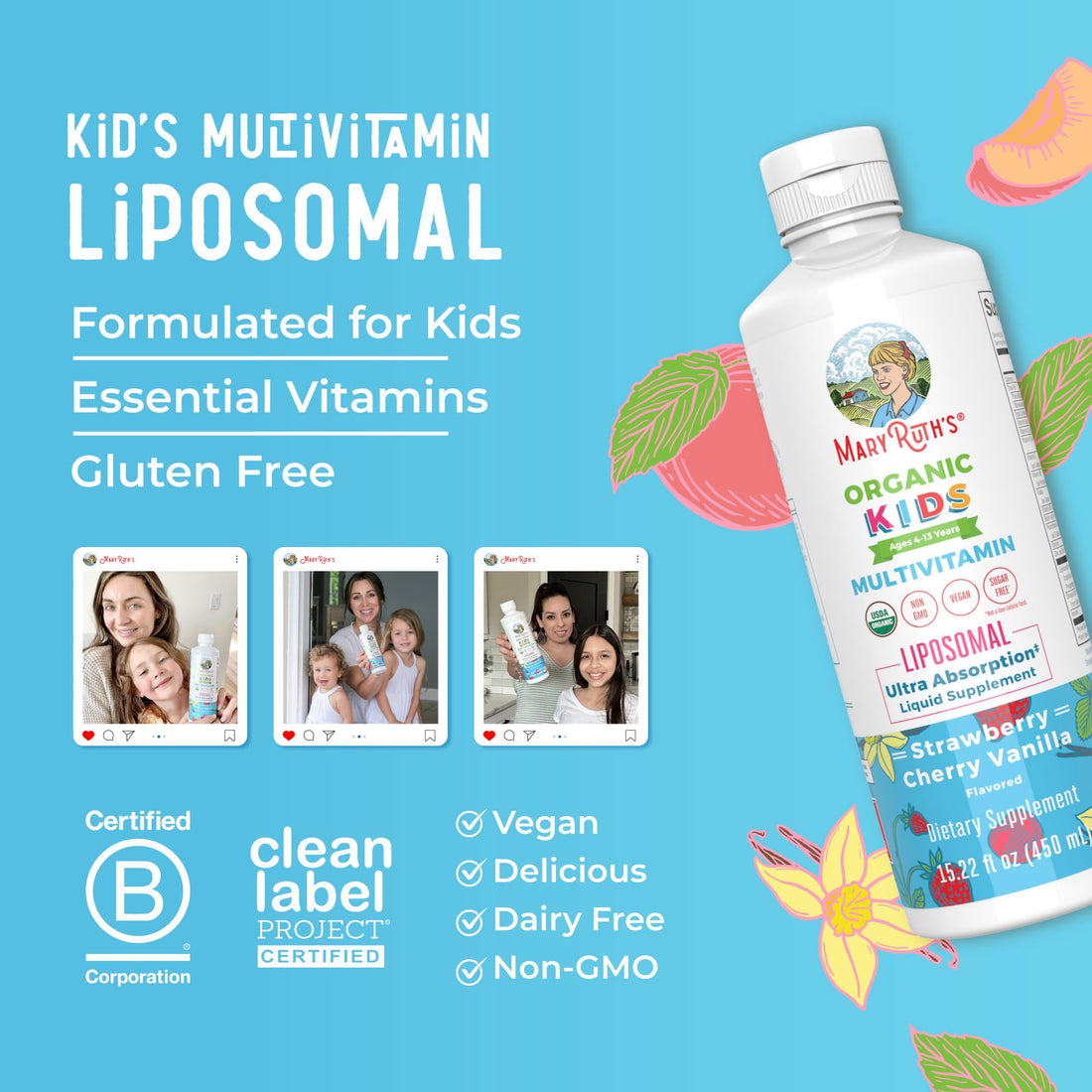 MaryRuth Organics Kids Multivitamin lipsomal | Vegan, Sugar-Free Vitamins for Kids Ages 4 | Childrens Vitamins 1-2 Month Supply | Multivitamin for Kids | Multi | Kids Vitamins | 15.22 Fl Oz