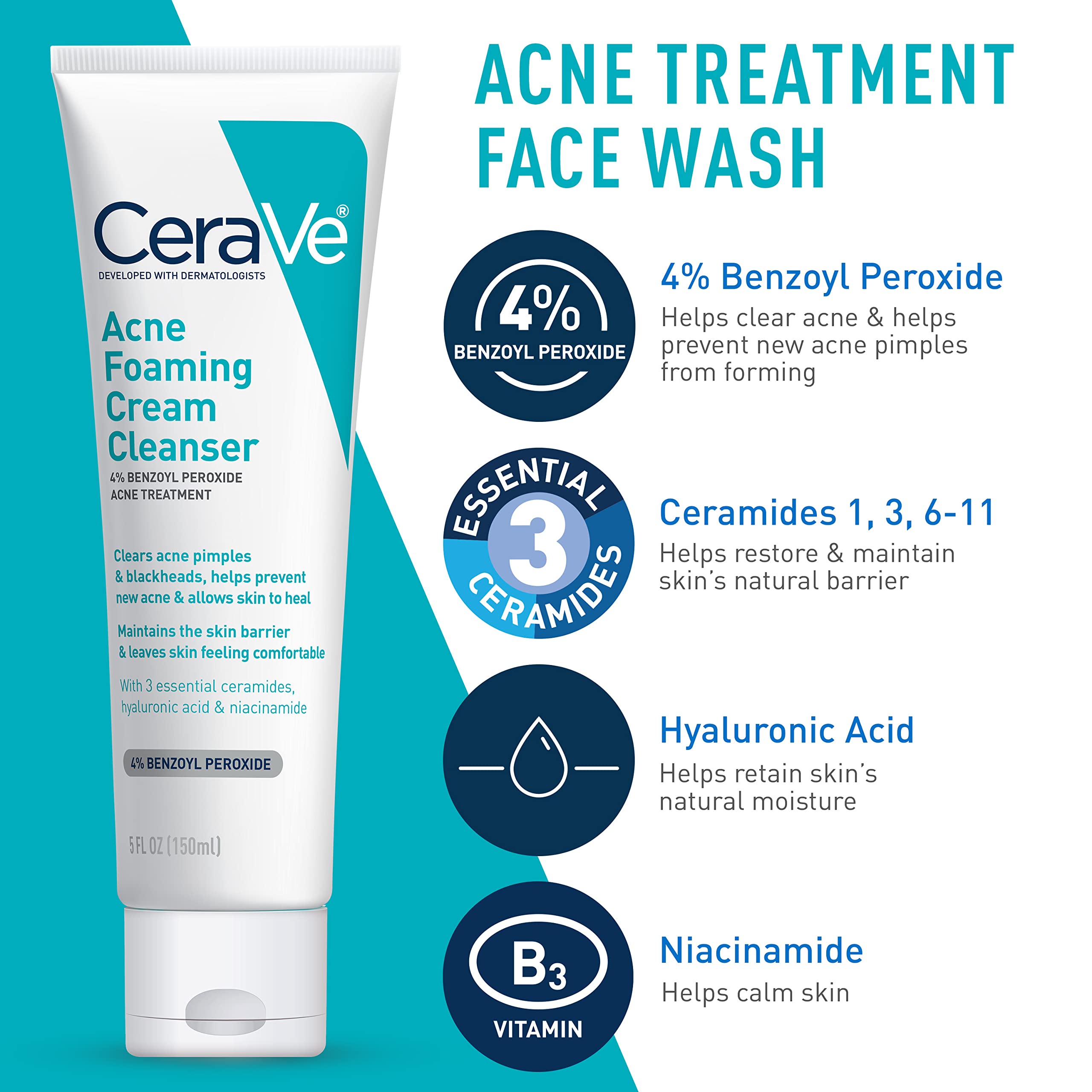 CeraVe Acne Skin Care Set, 5oz Acne Foaming Cream Cleanser + 1oz Resurfacing Retinol Serum + 2oz AM Facial Moisturizing Lotion with SPF 30 + 2oz PM Facial Moisturizing Lotion