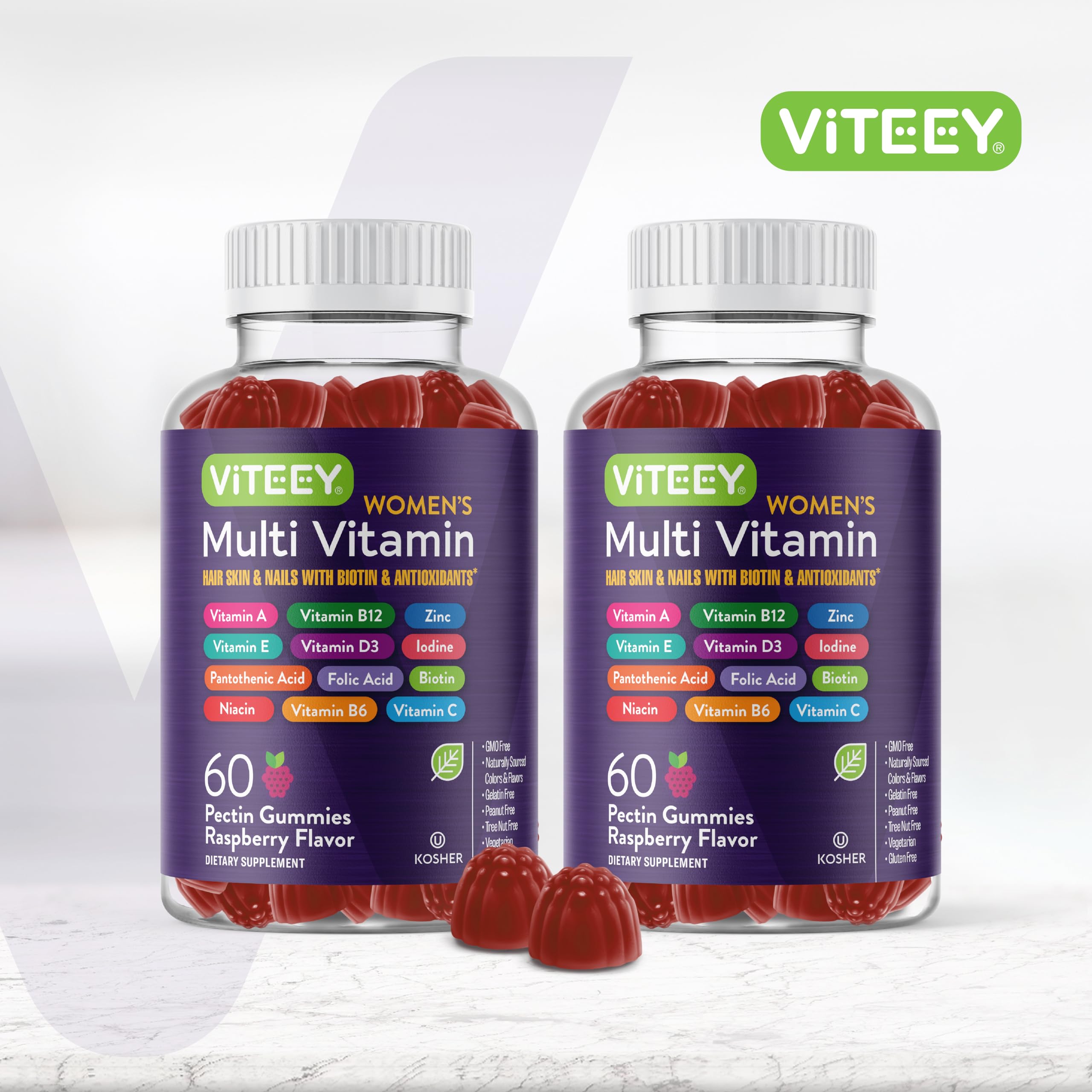 Womens Multivitamin Gummies - Immune Support - 12 in 1 Essential Daily Vitamins & Minerals - Vitamin A, C, D3, E, B6, B12, Folic Acid, Biotin, Calcium, Zinc & More - Vegetarian - Raspberry Flavored