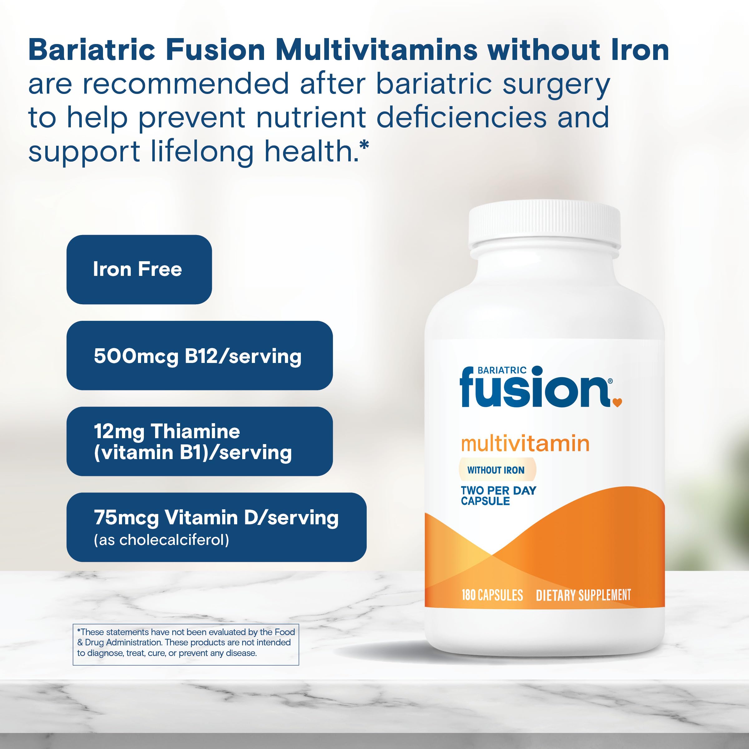 Bariatric Fusion Bariatric Multivitamin Without Iron | Post Bariatric Surgery Patients | Iron Free Bariatric Vitamin for Gastric Bypass and Sleeve Gastrectomy | Capsules | 1 Year Supply