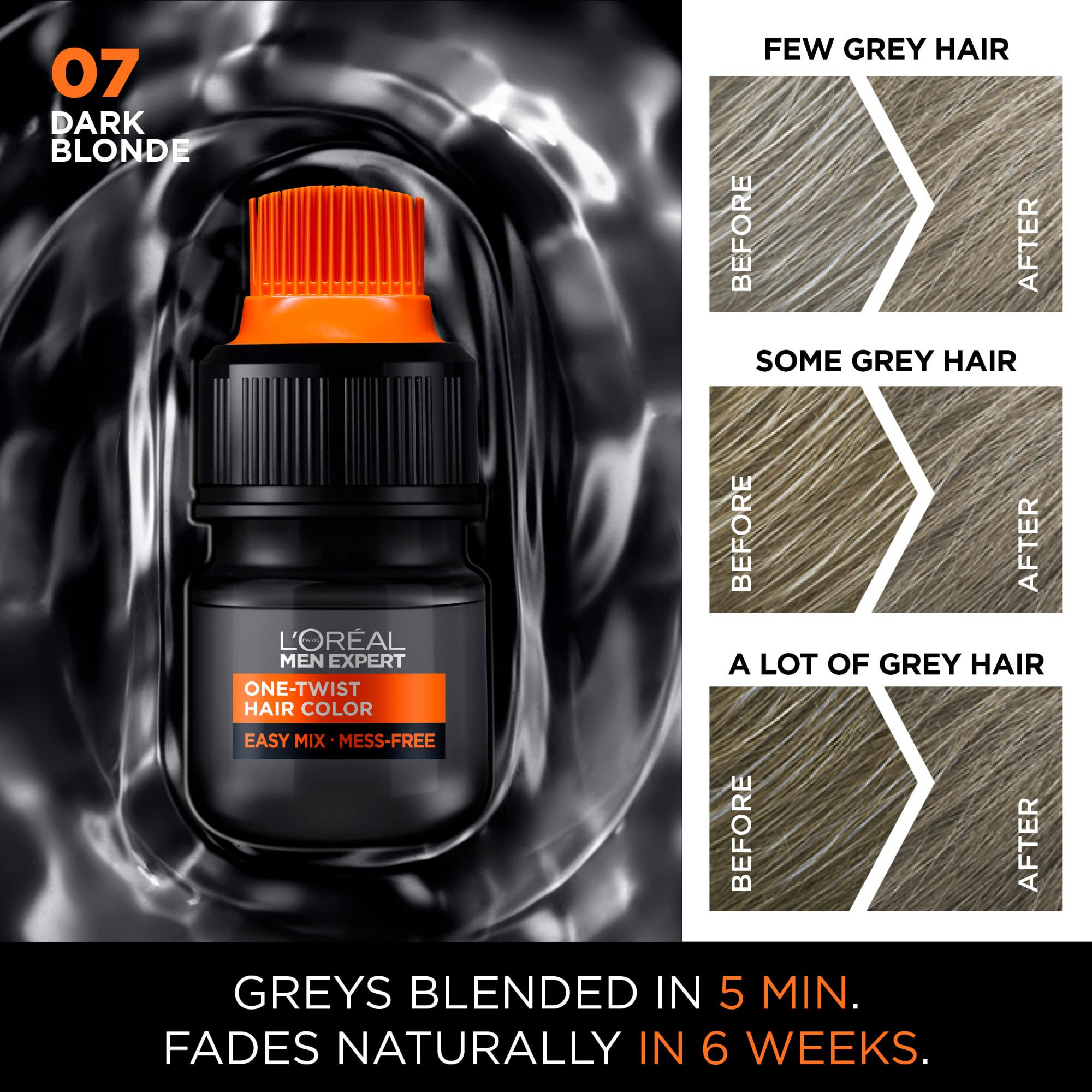 L’Oreal Paris Men Expert One Twist Mess Free Permanent Hair Color, Mens Hair Dye to Cover Grays, Easy Mix Ammonia Free Application, Dark Blonde 07, 1 Application Kit