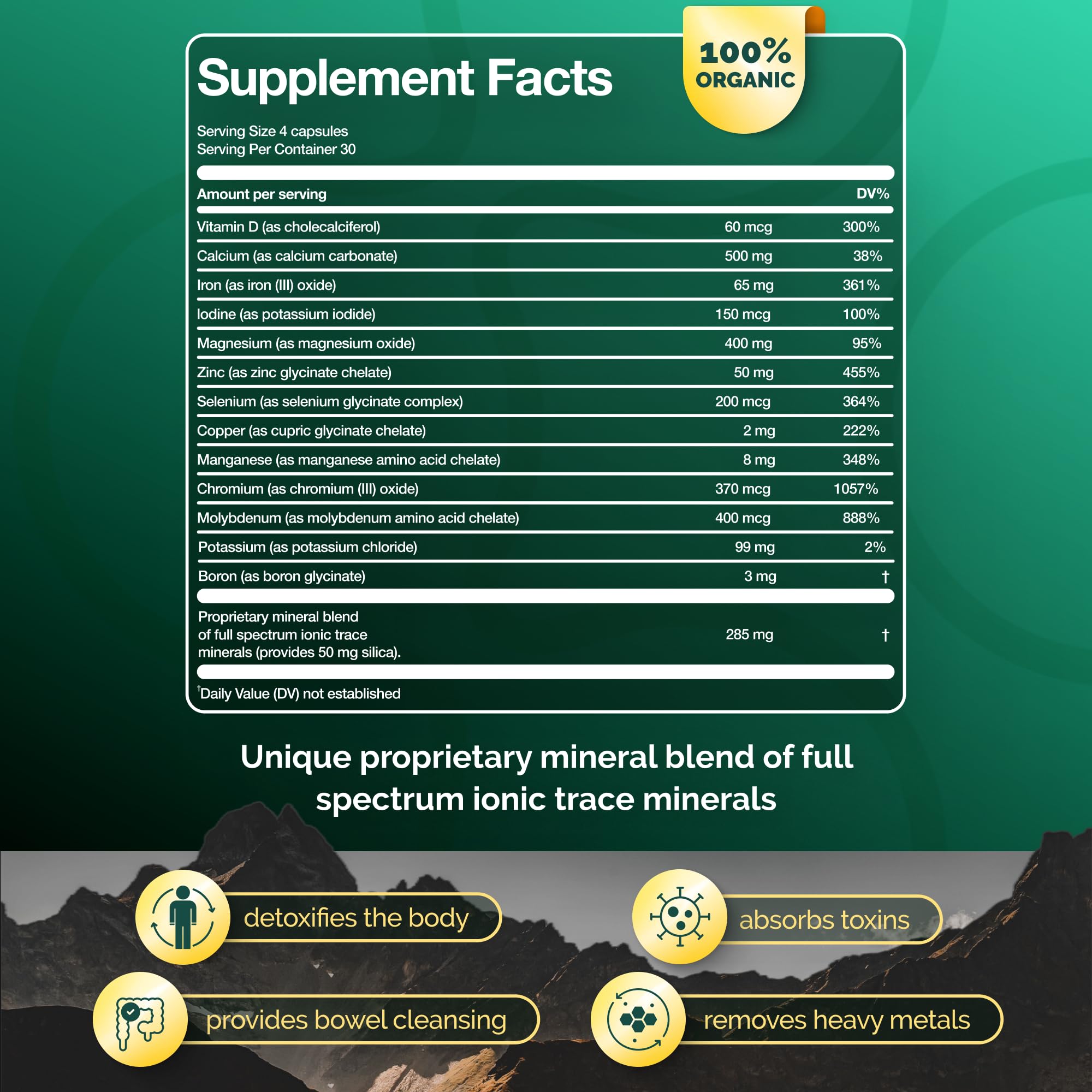 ADEO2 - Premium Blend of 52 Trace Minerals Complex with Essential Minerals in Chelated Form – All Natural and 100% Organic - 120 Capsules - Full Spectrum Ionic Mineral Blend - Safe for Women and Men