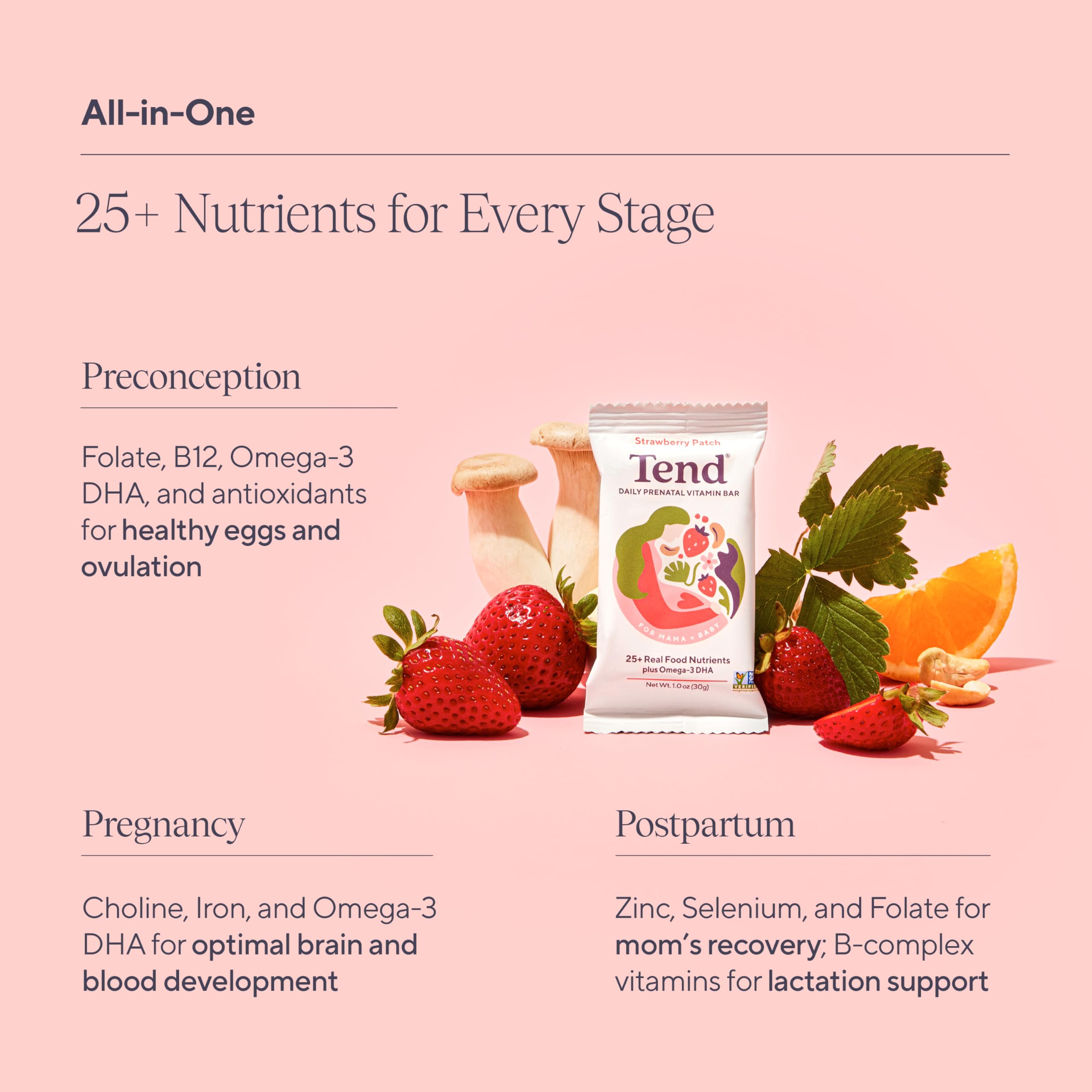 Tend Daily Best Prenatal Vitamin Bar, Made with Organic Ingredients for Pregnant & Postpartum Mothers, Includes DHA, Vitamin D, B, Choline, Folate, Sunflower Lecithin, Strawberry Patch Flavor (7ct)