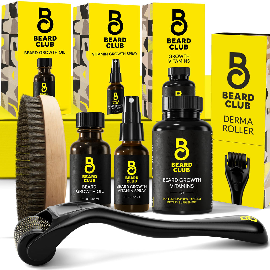 The Beard Club Signature Beard Growth Kit - Derma Roller, Beard Growth Oil, Beard Growth Vitamins, Vitamin Spray & Beard Brush - Gift Set