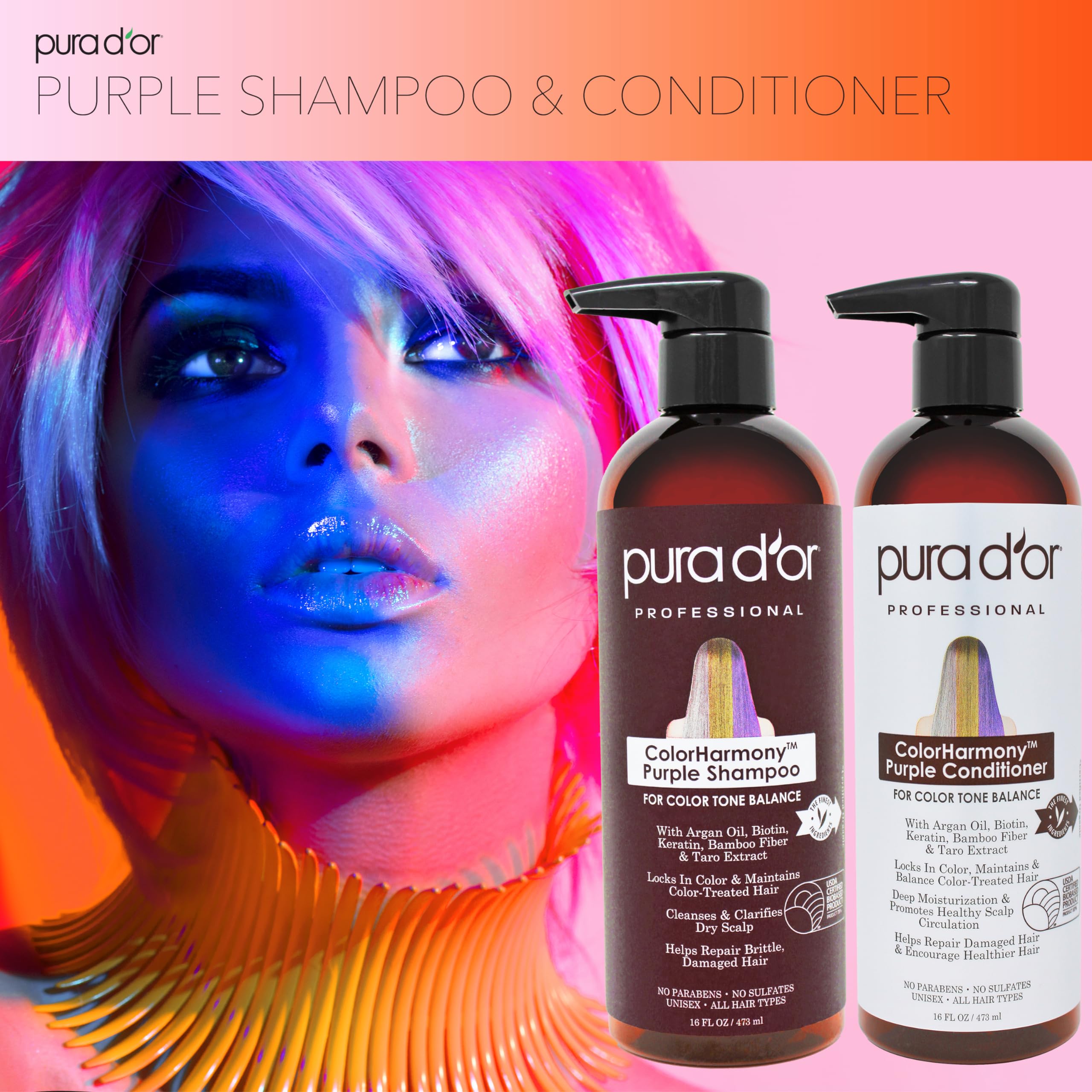 PURA D'OR 16 Oz ColorHarmony Purple Conditioner For Bleached, Blonde, Silver & Color Treated Hair - Keratin, Bamboo Fiber, No Sulfates, Select Natural Ingredients - Men & Women