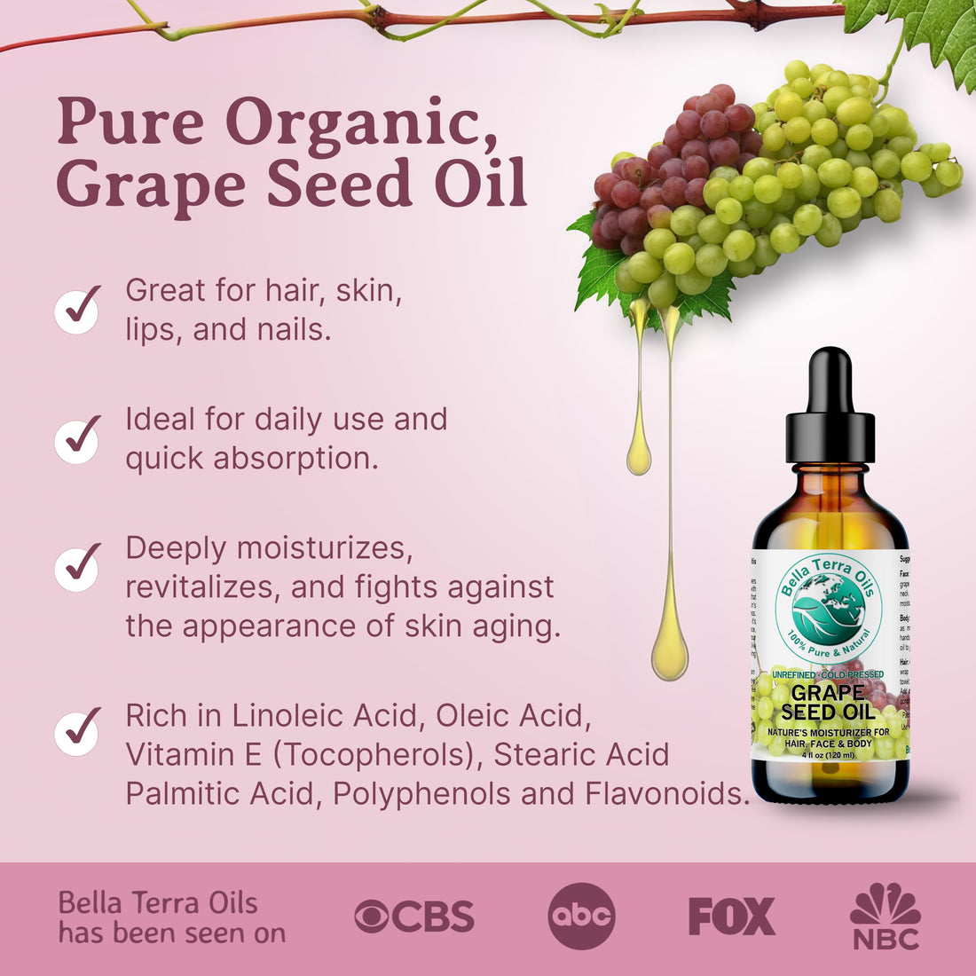 Bella Terra Oils - Organic Grape Seed Oil 4 oz - Embrace the Richness of Polyphenols & Flavonoids, Infused with Oleic Acid, For a Silky-Smooth Skin Finish