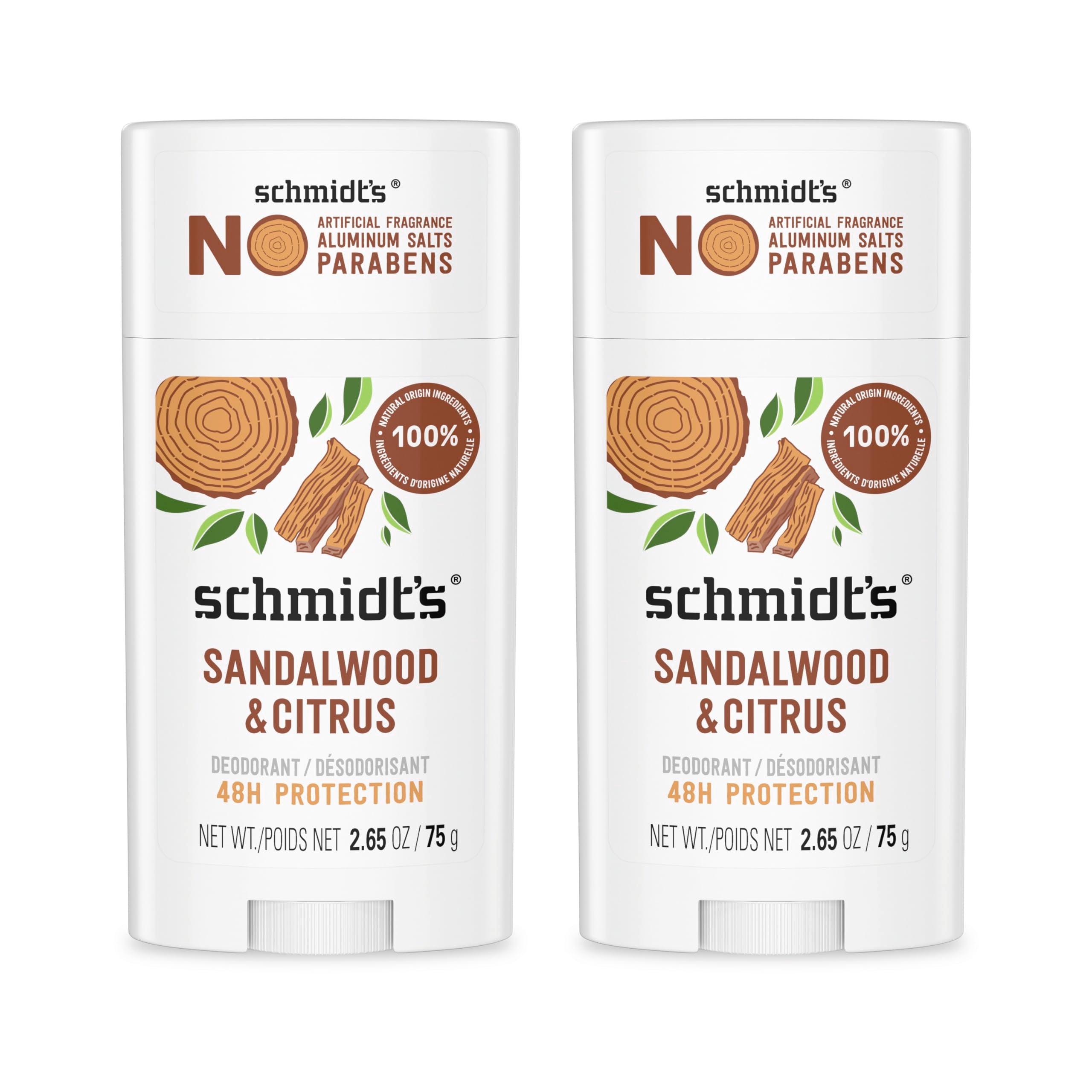 Schmidt's Aluminum-Free Vegan Deodorant Sandalwood & Citrus 2 Count for Women and Men, with 24 Hour Odor Protection, Natural Ingredients, Cruelty-Free, 2.65 oz