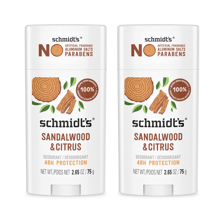 Schmidt's Aluminum-Free Vegan Deodorant Sandalwood & Citrus 2 Count for Women and Men, with 24 Hour Odor Protection, Natural Ingredients, Cruelty-Free, 2.65 oz