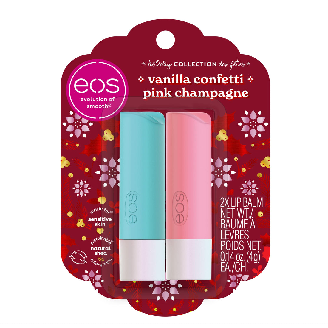 EOS Limited Edition Holiday Lip Balm, Raspberry Cloud & Blackberry Bellini, All-Day Moisture, Made for Sensitive Skin, 0.14 oz, 2-Pack, Clear