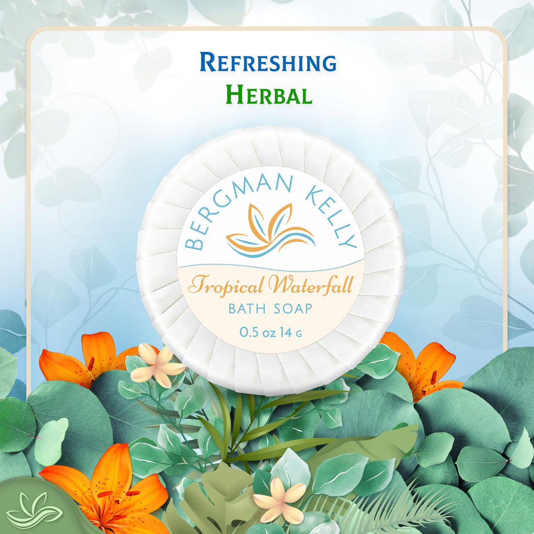 BERGMAN KELLY Sanitary Soap Bars in Bulk (Tropical Waterfall, 0.5 oz, 100PK), Small Individually Wrapped Round Soap, Hotel Toiletries Travel Size for Airbnb, Motel, Guest Bathroom