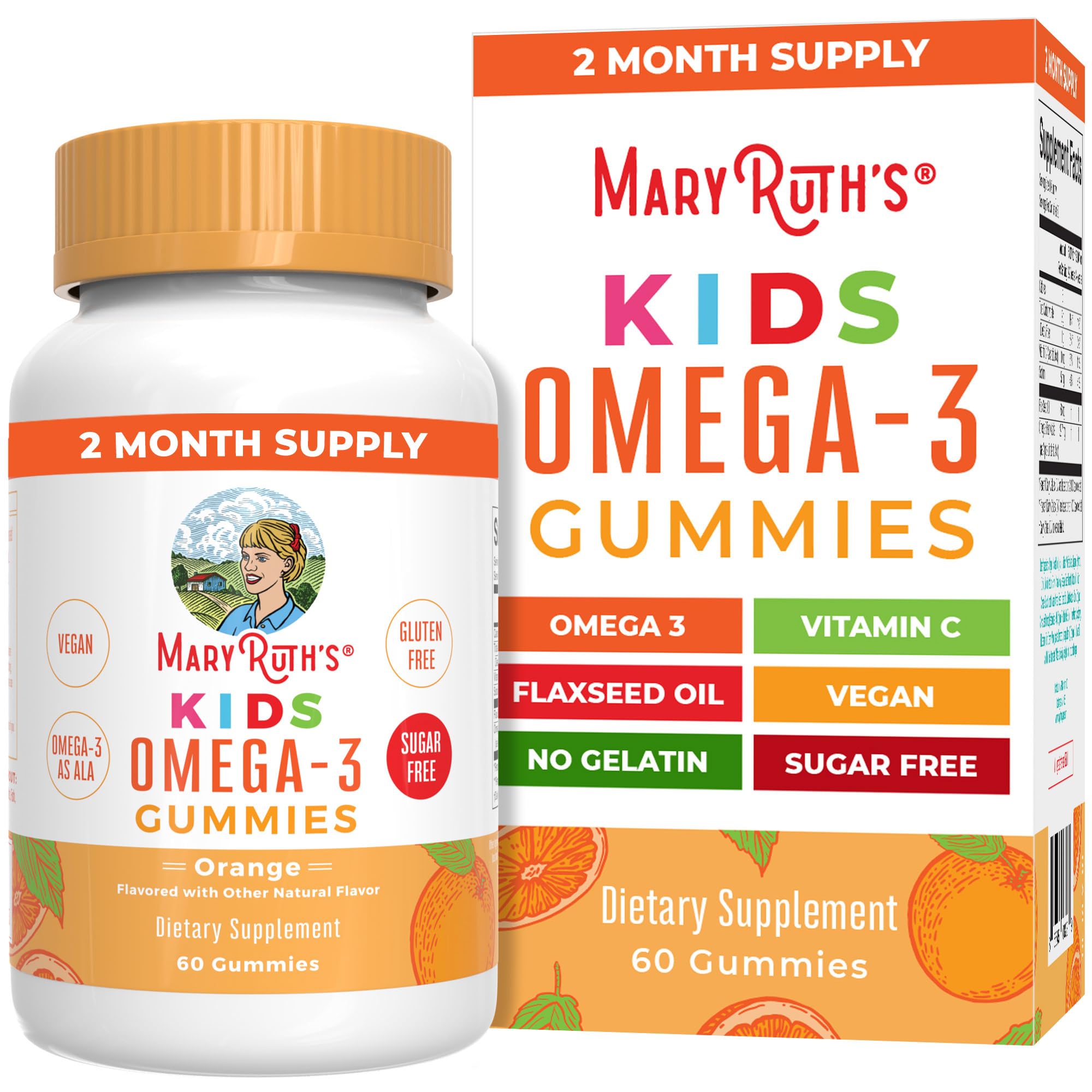 MaryRuth Organics Vegan Omega 3 Gummies for Kids 2+, 2 Month Supply, Sugar Free, Omega 3 Supplement with Vitamin C, Flaxseed Oil, Immune Support, Essential Nutrient ALA, No Fish Taste, 60 Count