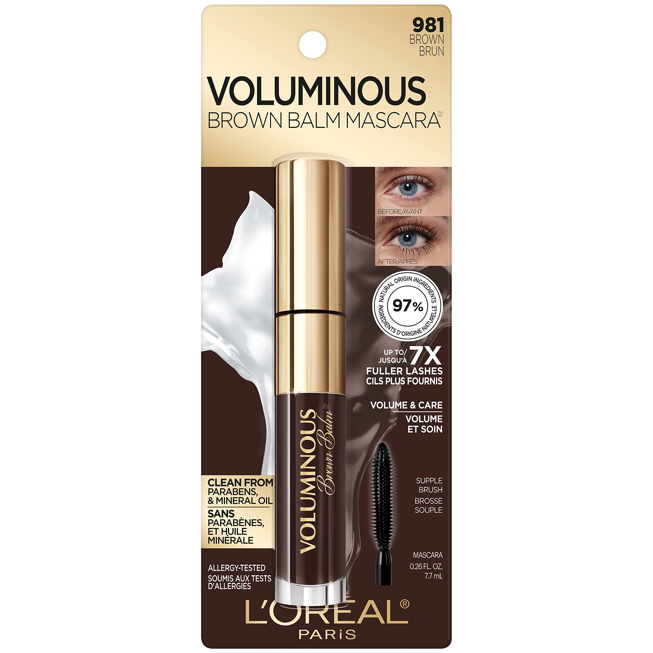 L'Oreal Paris Voluminous Brown Balm Volumizing Mascara, Washable, Brown, 0.26 Fl Oz., 1 Count