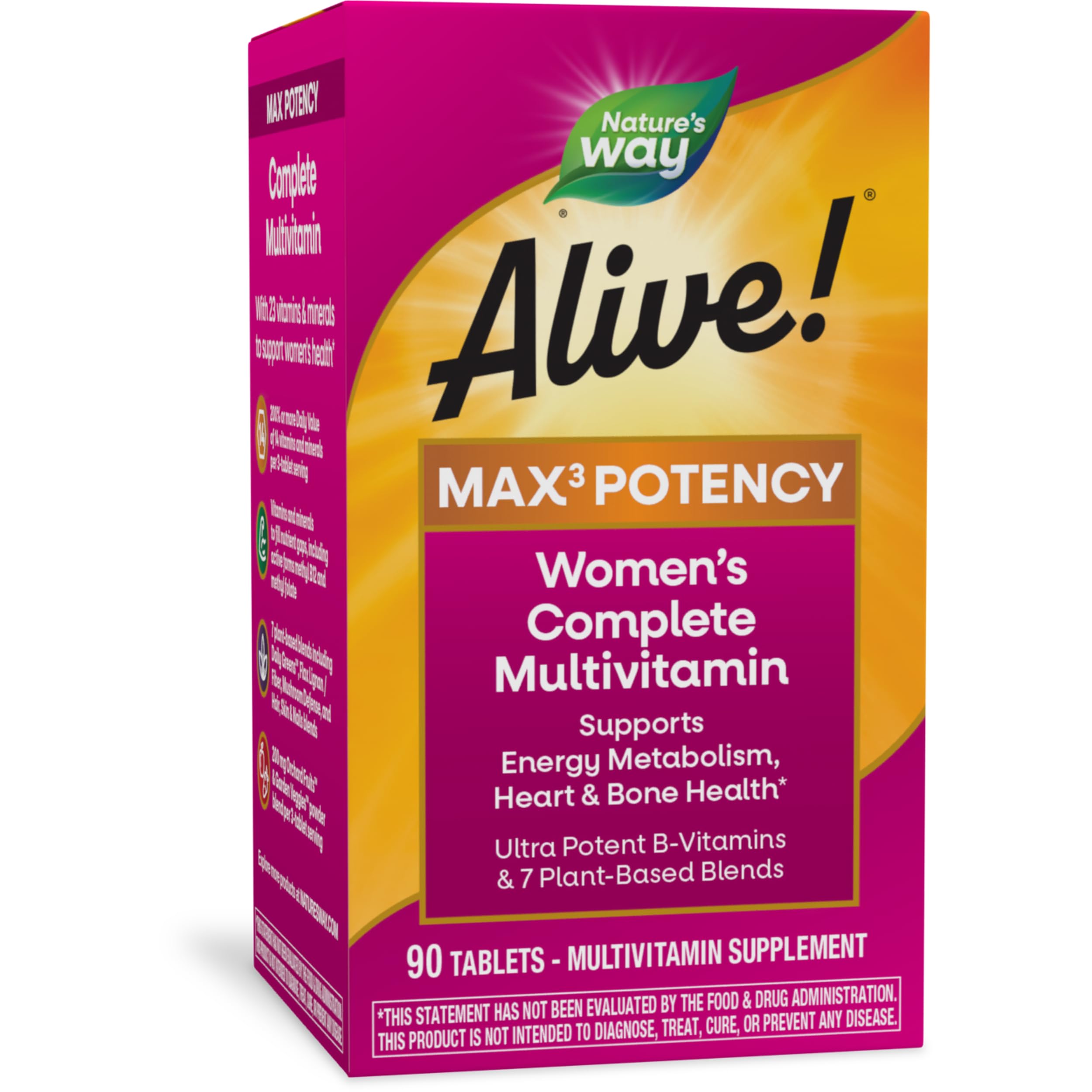 Nature's Way Alive! Max3 Potency Women's Complete Multivitamin, Supports Energy Metabolism, Heart & Bone Health*, with B-Vitamins Including Methylated B12 and Folate, 90 Tablets (Packaging May Vary)