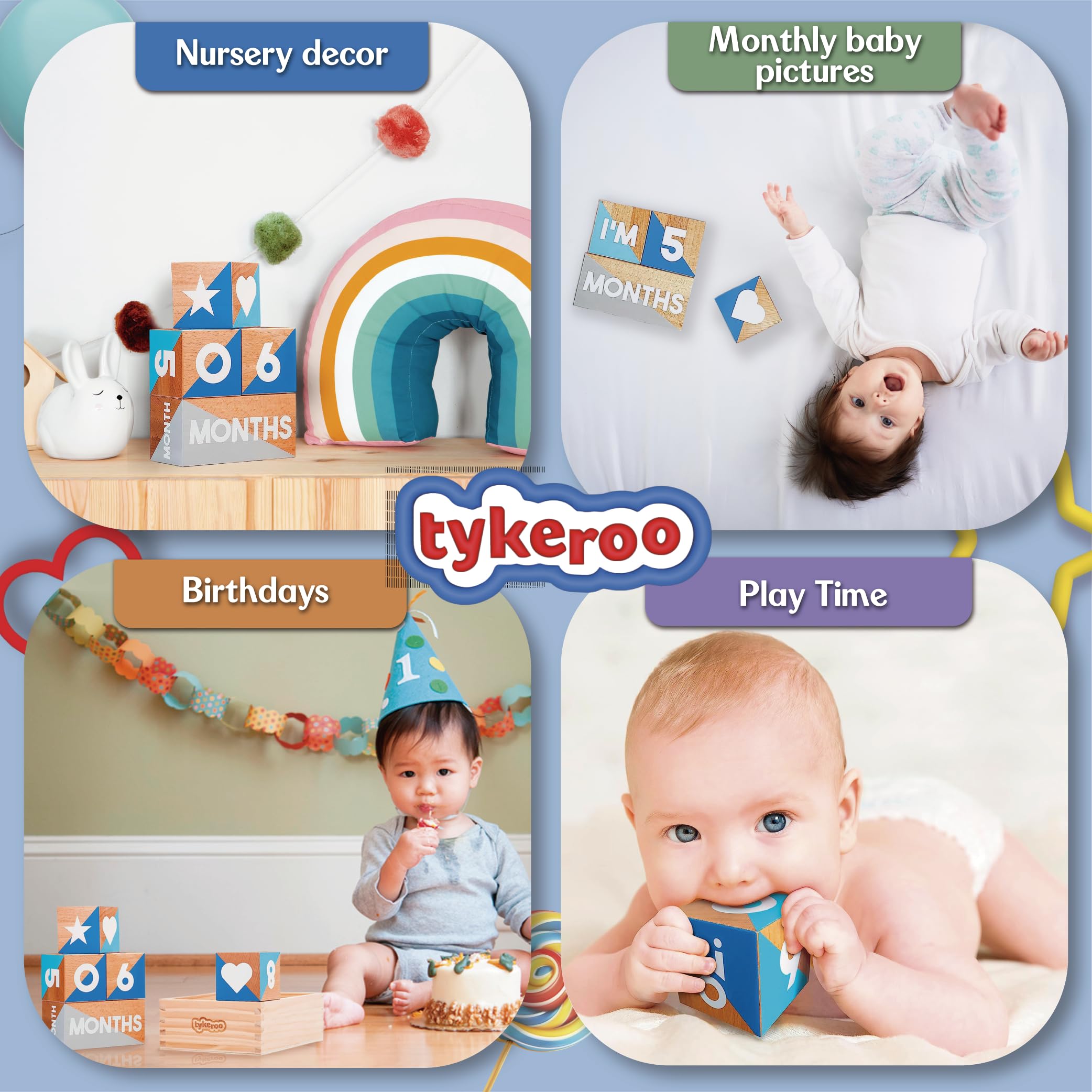 Tykeroo Baby Monthly Milestone Blocks — Cute Nursery Decor — Lovely Newborn Photography Props — Baby Shower Gifts (Blue & Gray)