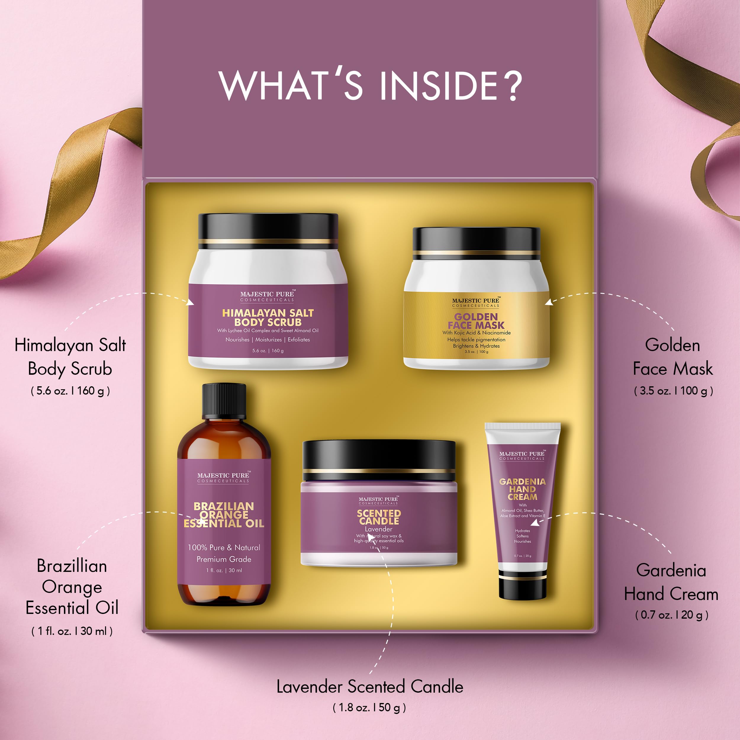 Majestic Pure Gift Set set of 5- (Brazilian Orange oil 1oz, Scented Candle - 50g, Gardenia Hand Cream - 20g, Himalayan Salt Body Scrub - 160g, Gold Face Mask - 100g)
