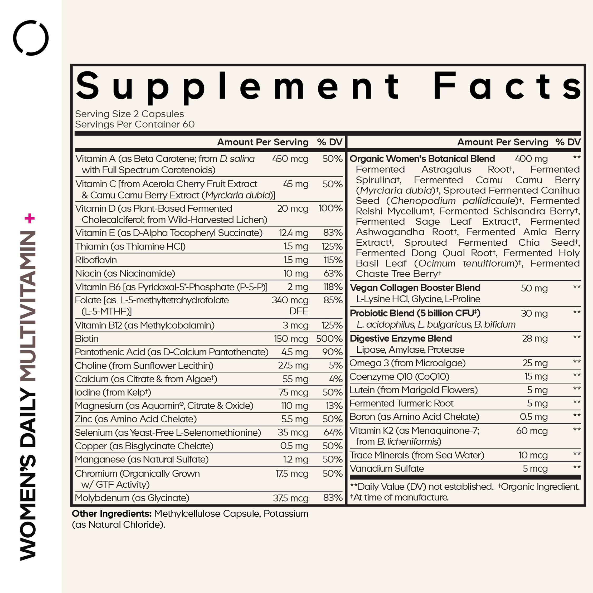 Codeage Women’s Daily Multivitamin, 25+ Vitamins & Minerals, Fermented, Organic Whole Foods, Probiotics Supplement - Vitamin A, Vitamin B, Vitamins C, D, E & K, Omega 3, Zinc – Vegan - 120 Capsules