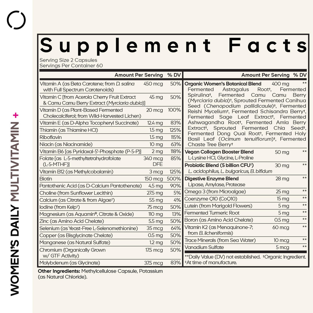 Codeage Women’s Daily Multivitamin, 25+ Vitamins & Minerals, Fermented, Organic Whole Foods, Probiotics Supplement - Vitamin A, Vitamin B, Vitamins C, D, E & K, Omega 3, Zinc – Vegan - 120 Capsules