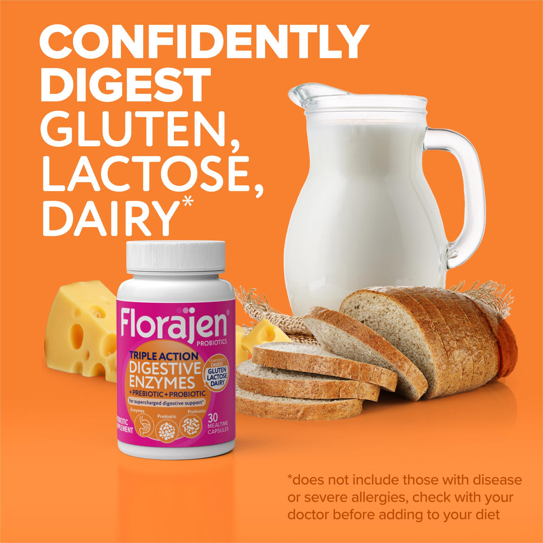 Florajen Digestive Enzymes with Probiotics and Prebiotics for Women and Men - Digestive Health, Gut Relief & Bloating - Triple Action Formula - 30ct