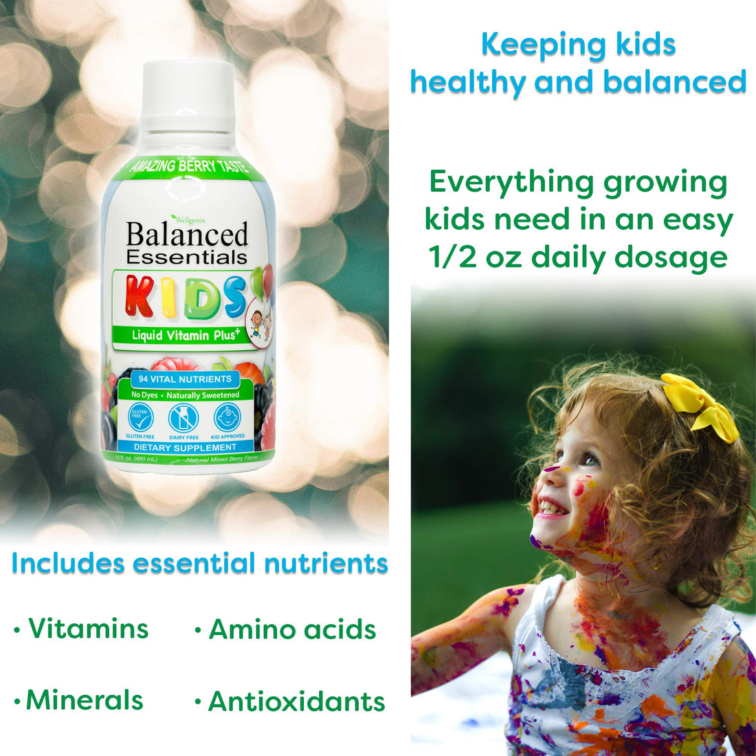 Wellgenix Balanced Essentials Liquid Kids Vitamin - Nutritional Multivitamin for Picky Eaters - Boost Immune System and Overall Health -Children, Toddler -Berry Flavor 16 Fl Oz