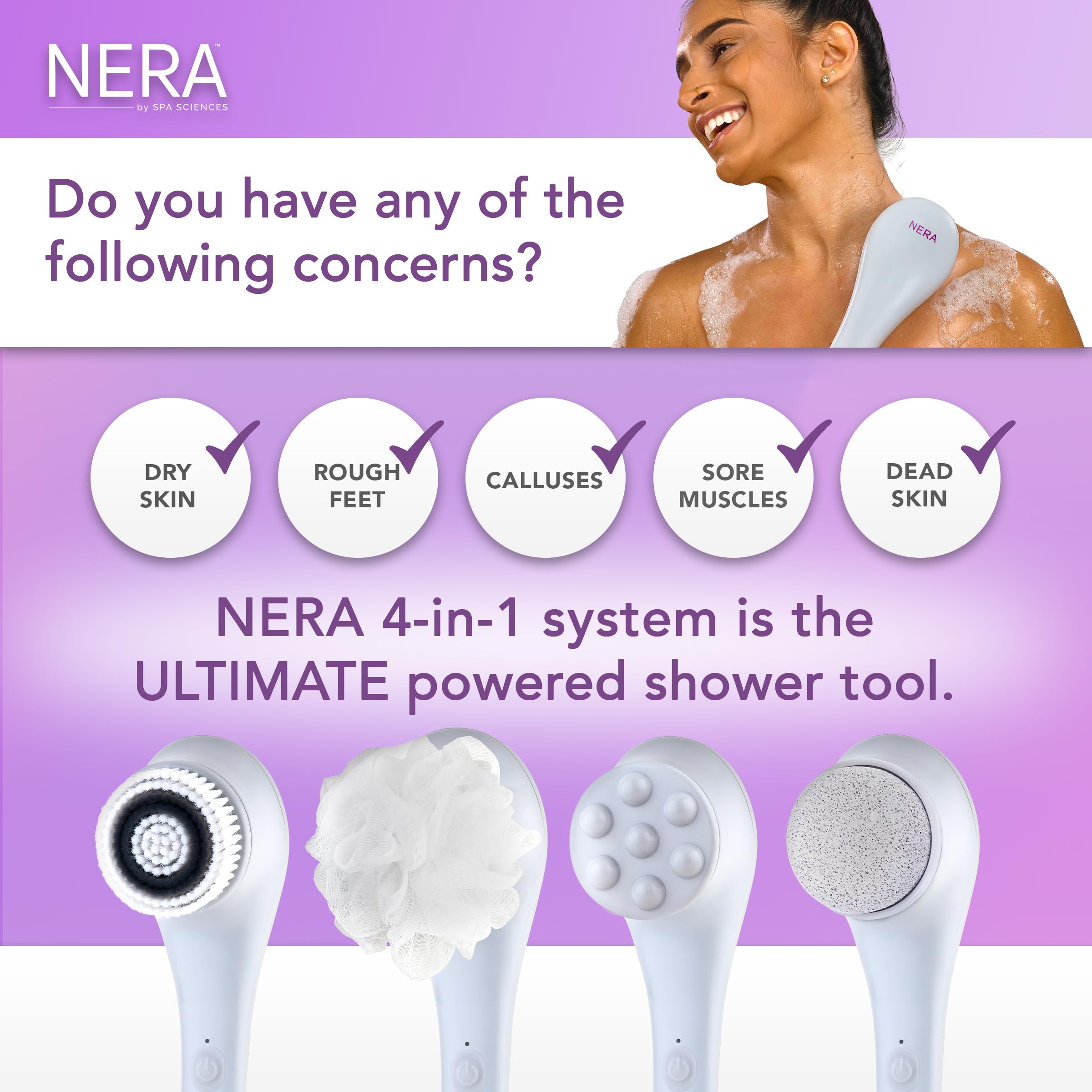 Spa Sciences NERA Shower Body Brush - 4-in-1 Multifunction Treatment - for Improved Exfoliation, Cleansing, Massaging - Includes Body Brush, Loofah, Pumice Stone, Massage Head - All Skin Types