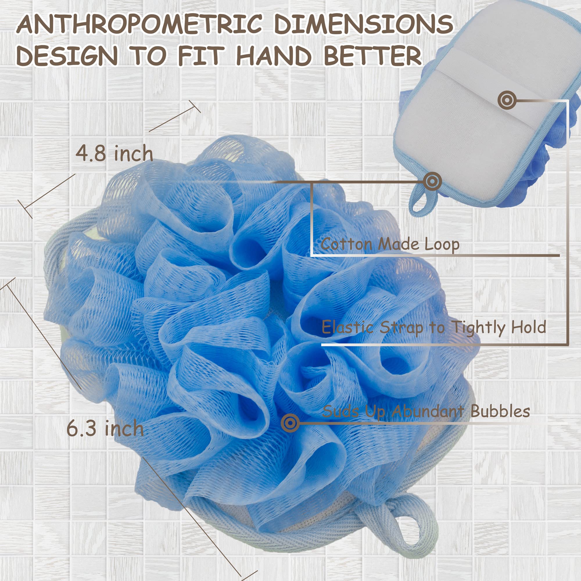 Bleu Bath (2 Pack) Exfoliating Bath Sponge Body Loofah Mitt Pad Shower Pouf Elastic Hand Strap Mesh Sponge Shower Scrubber