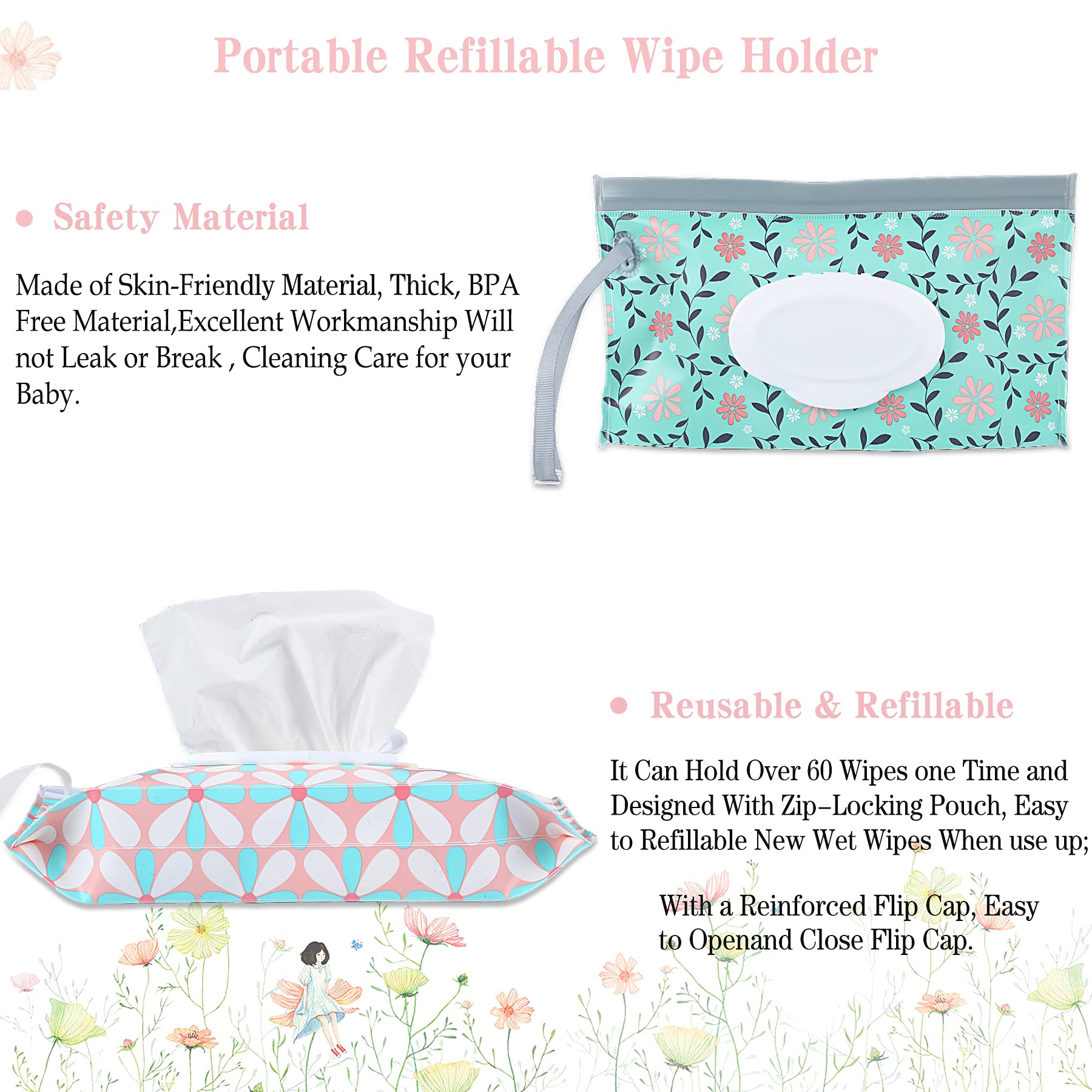 FEBSNOW 4 Pack Baby Wipe Dispenser, Portable Refillable Wipe Holder, Baby Wipes Container, Wipe Dispenser, Reusable Travel Wet Wipe Pouch (Floral)