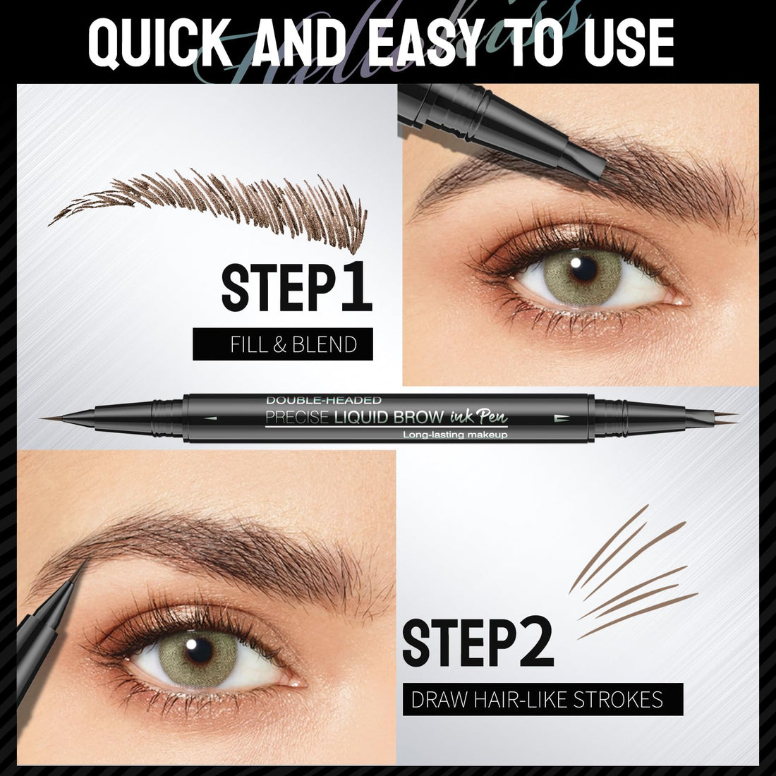 HelloKiss Precise Liquid Eyebrow Pen, 2 in 1 Dual-ended 2 Fork Tip Liquid Eyebrow Pencil with Eyebrow Brush,Microblading Eyebrow Pencil,Waterproof Eyebrow Pencil, Natural Long-Lasting(02#BROWN)