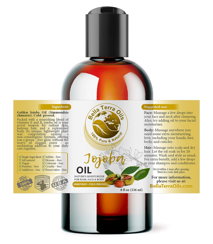 NEW Jojoba Oil. 8oz. Cold-pressed. Unrefined. Organic. 100% Pure. Anti-inflammatory. Hexane-free. Rejuvenates Skin. Softens Hair. Natural Moisturizer. For Hair, Skin, Nails, Beard, Stretch Marks.
