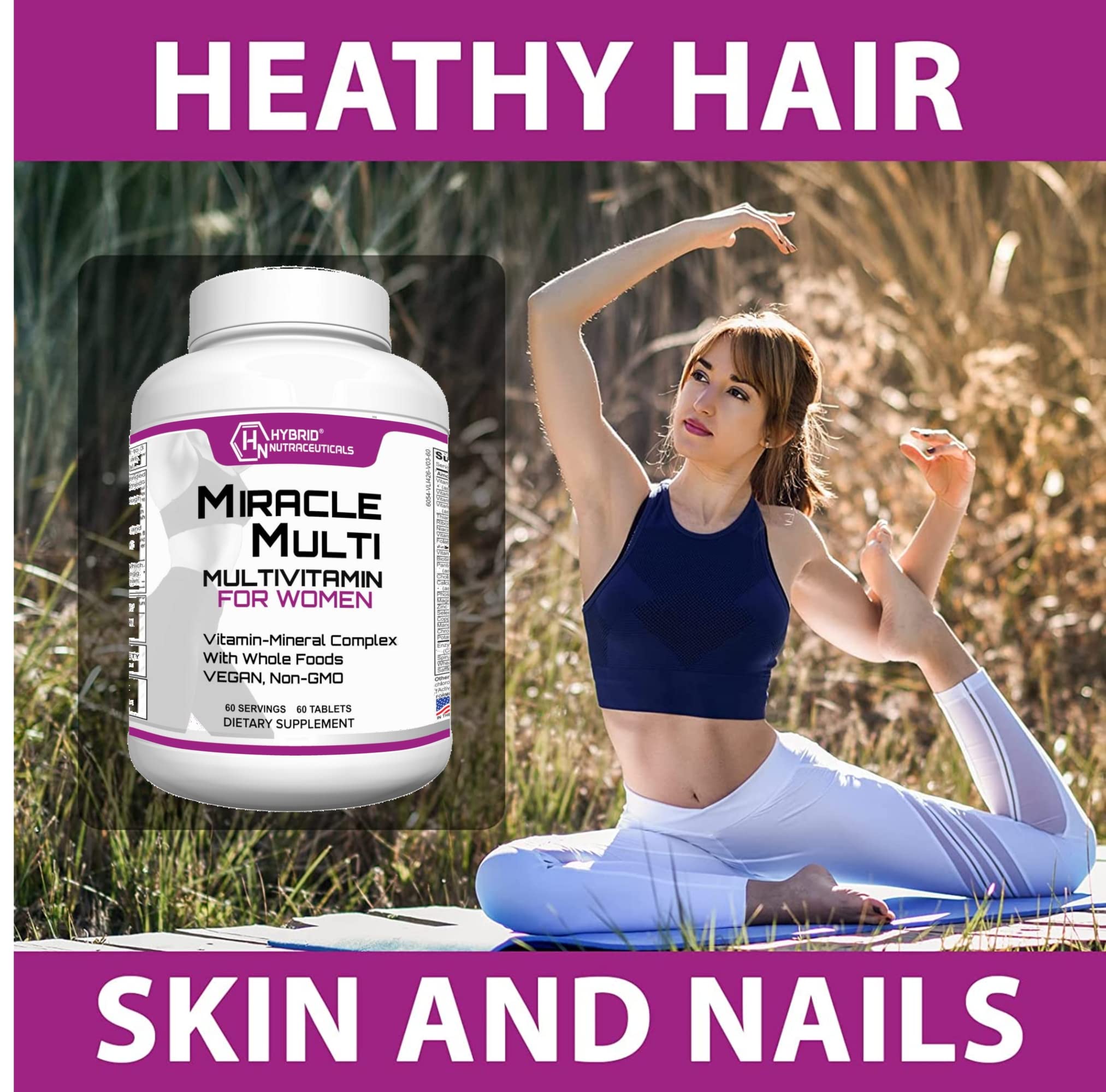 Hybrid Nutraceuticals MiracleMulti Women Multivitamin with Probiotics, Biotin, Folic Acid, Enzymes + Fruit & Vegetable Blend - Immune Support, Heart Health, Energy: 60 Servings (Non-GMO)