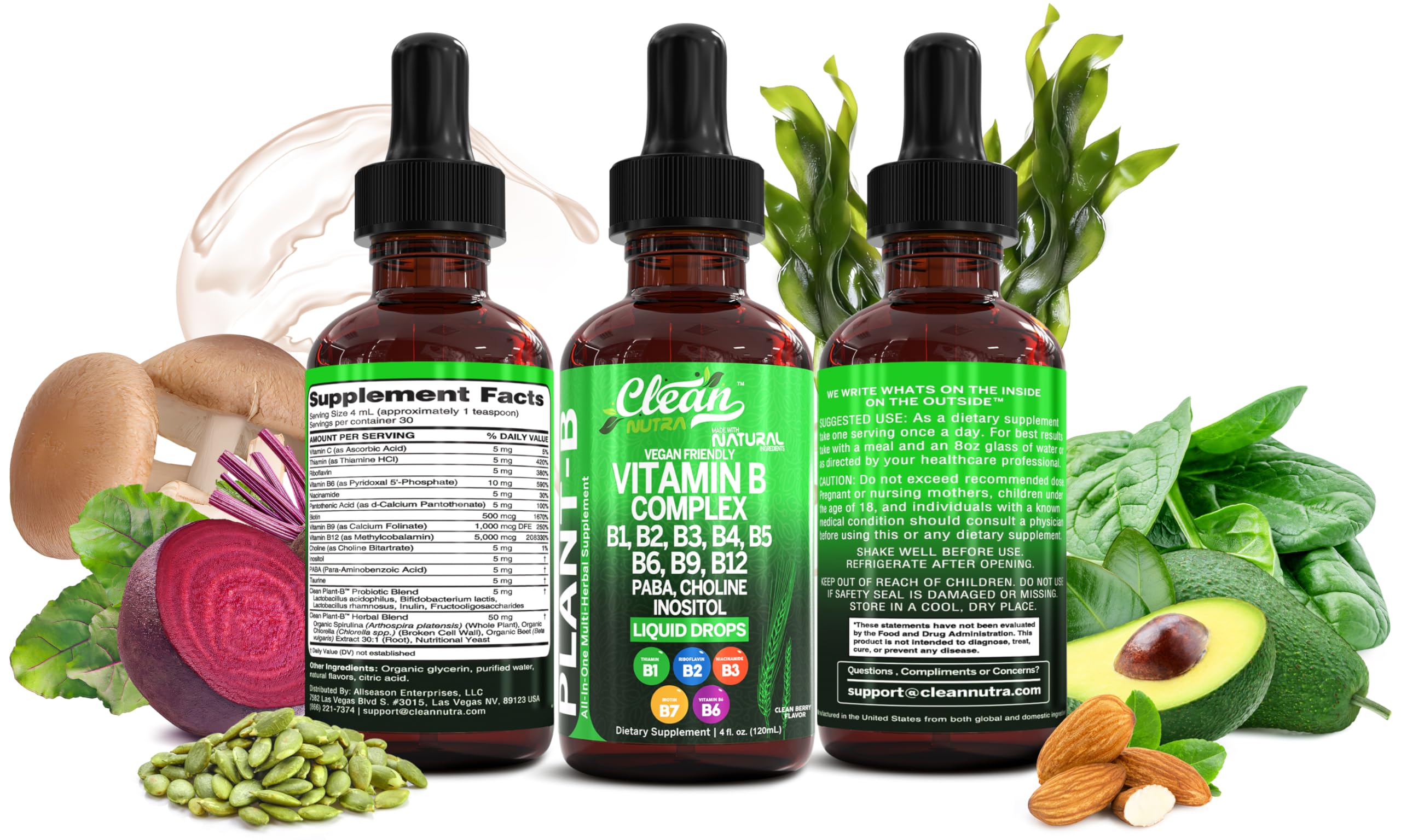 Vitamin B Complex Liquid Drops | Thiamine B1, B6, B2, B3, B4, B5, B7 B9, B12, Niacinamide, Paba, Choline Inositol Taurine Probiotics Beet Root Spirulina - Plant-B Vitamin Supplements by Clean Nutra