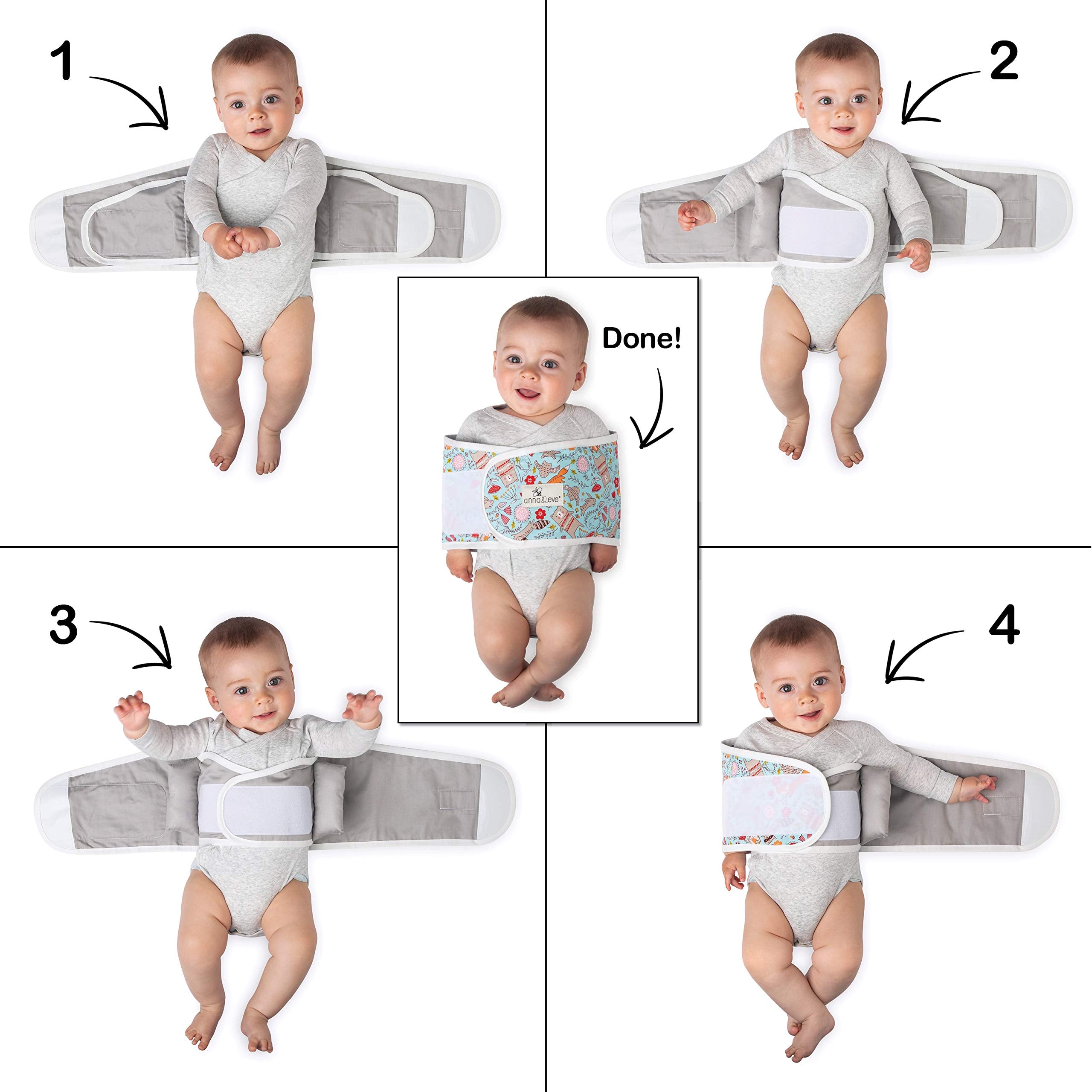 Anna & Eve - Swaddle Strap - Adjustable Arms-Only Baby Swaddle, 100% Cotton, Prevents Overheating - Large Size Fits Chest 16 to 20.5 - Owls Blue/Green