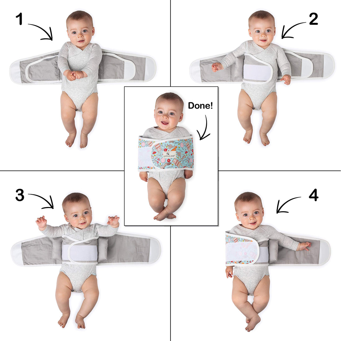 Anna & Eve - Swaddle Strap - Adjustable Arms-Only Baby Swaddle, 100% Cotton, Prevents Overheating - Large Size Fits Chest 16 to 20.5 - Owls Blue/Green