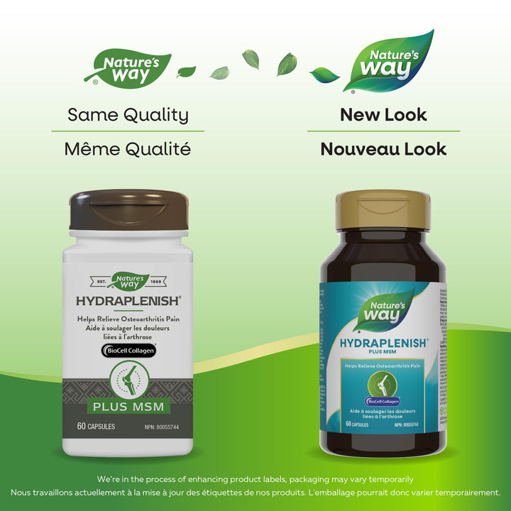 Nature’s Way Hydraplenish, with Unique BioCell Collagen, Hyaluronic Acid, OptiMSM, Supports Healthy Hair, Skin and Nails*, 60 Capsules (Packaging May Vary)