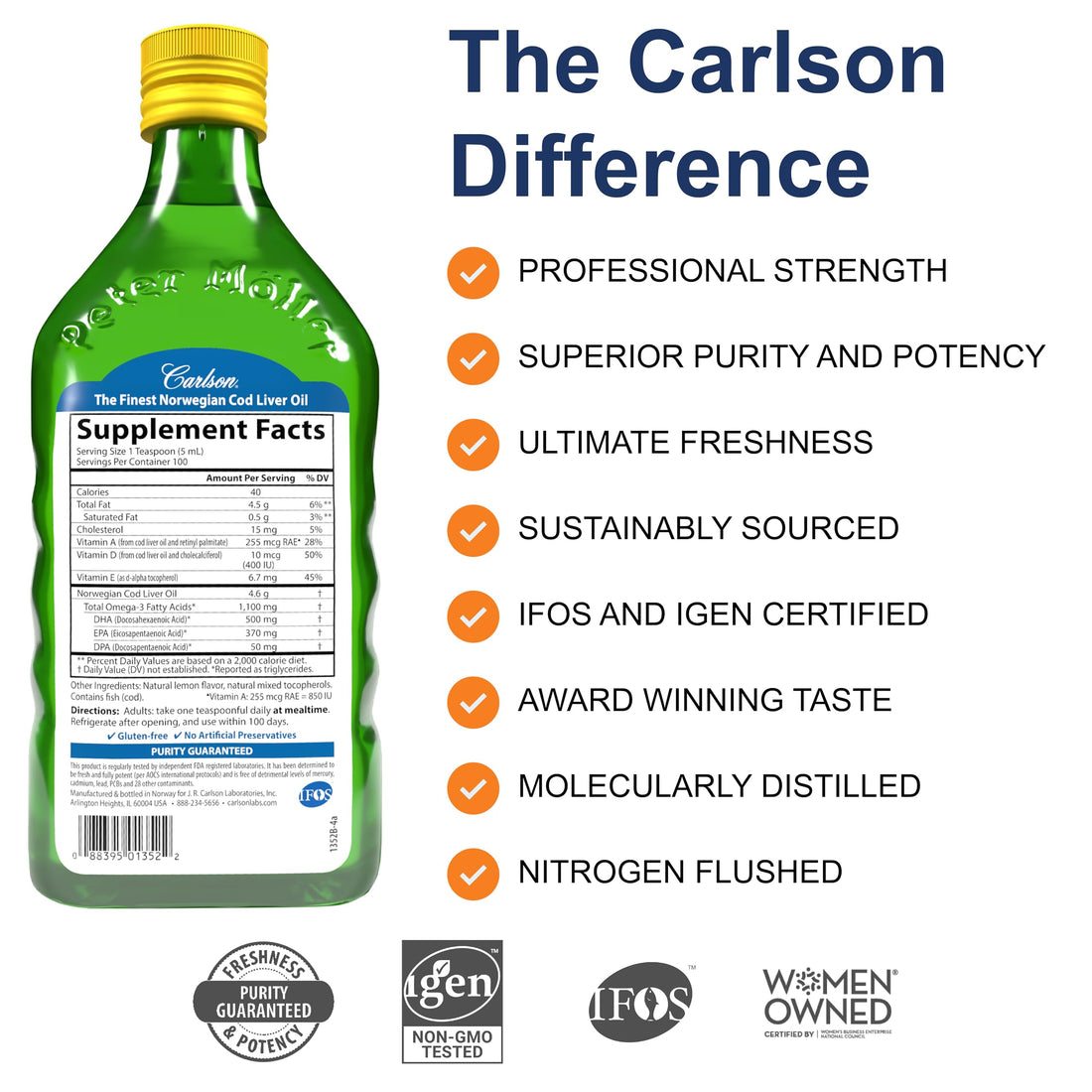 Carlson - Cod Liver Oil, 1100 mg Omega-3s, Liquid Fish Oil Supplement, Wild-Caught Norwegian Arctic , Sustainably Sourced Nordic Fish Oil Liquid, Lemon, 500 ml